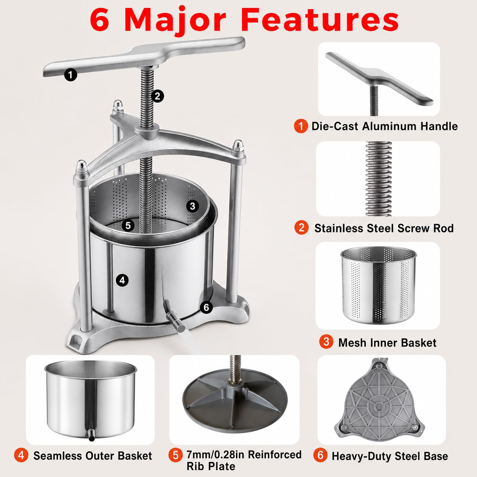 Presse à Fruits Manuelle 6 L, Pressoir à Jus en Acier Inoxydable | Base Triangulaire, Poignée en T et Panier Amovible pour Raisins, Pommes, Baies, Miel, Fromage, Herbes et Cidre