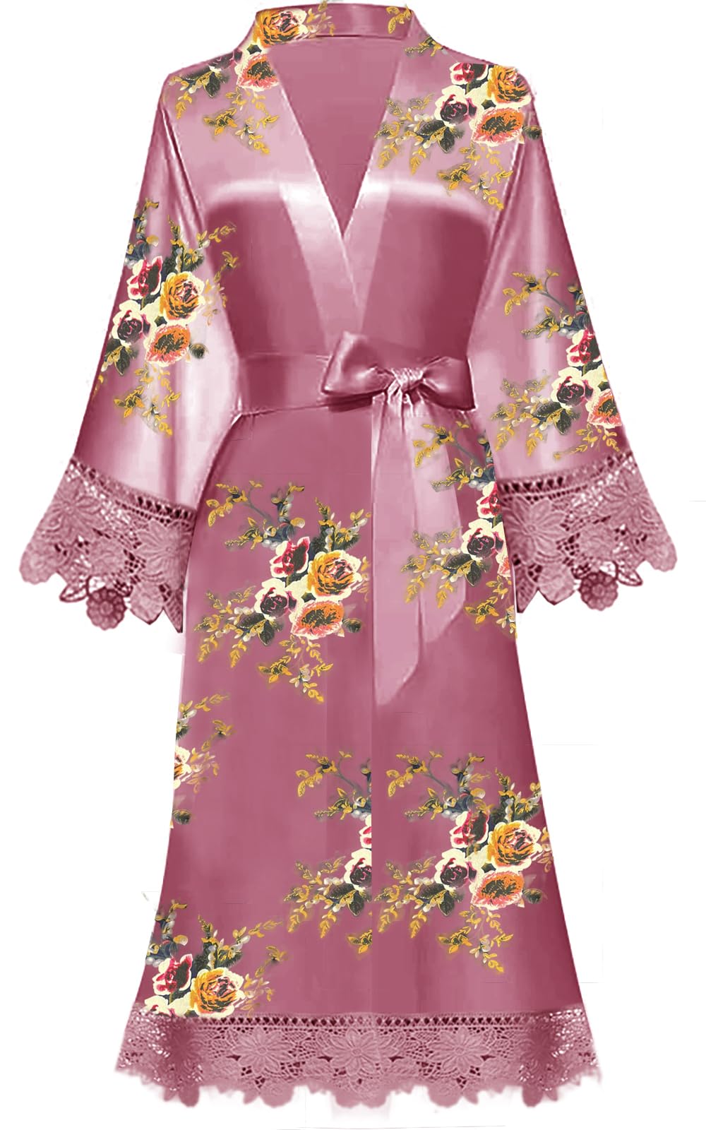 Y Wjing Yi Jia Women's Dusty Rose-B Floral Robes Kimono Dressing Gown Silk Satin Bathrobe Nightdress Short Style Lace Trim Kimono Blossoms Bridal Robe