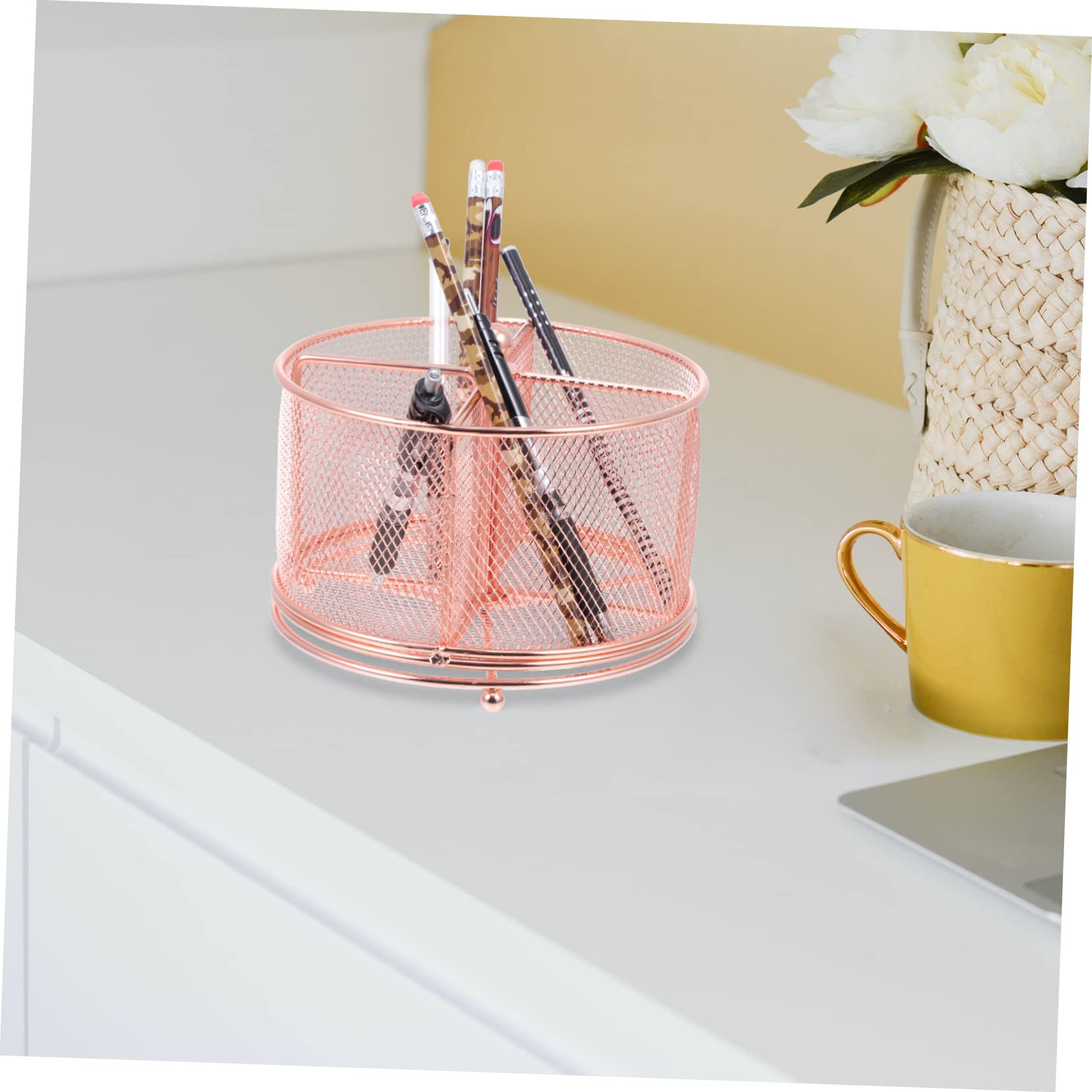 NUOBESTY Organizer Da Scrivania Girevole in Ferro Multifunzione Portapenne Da Scrivania Compatto in Oro Rosa
