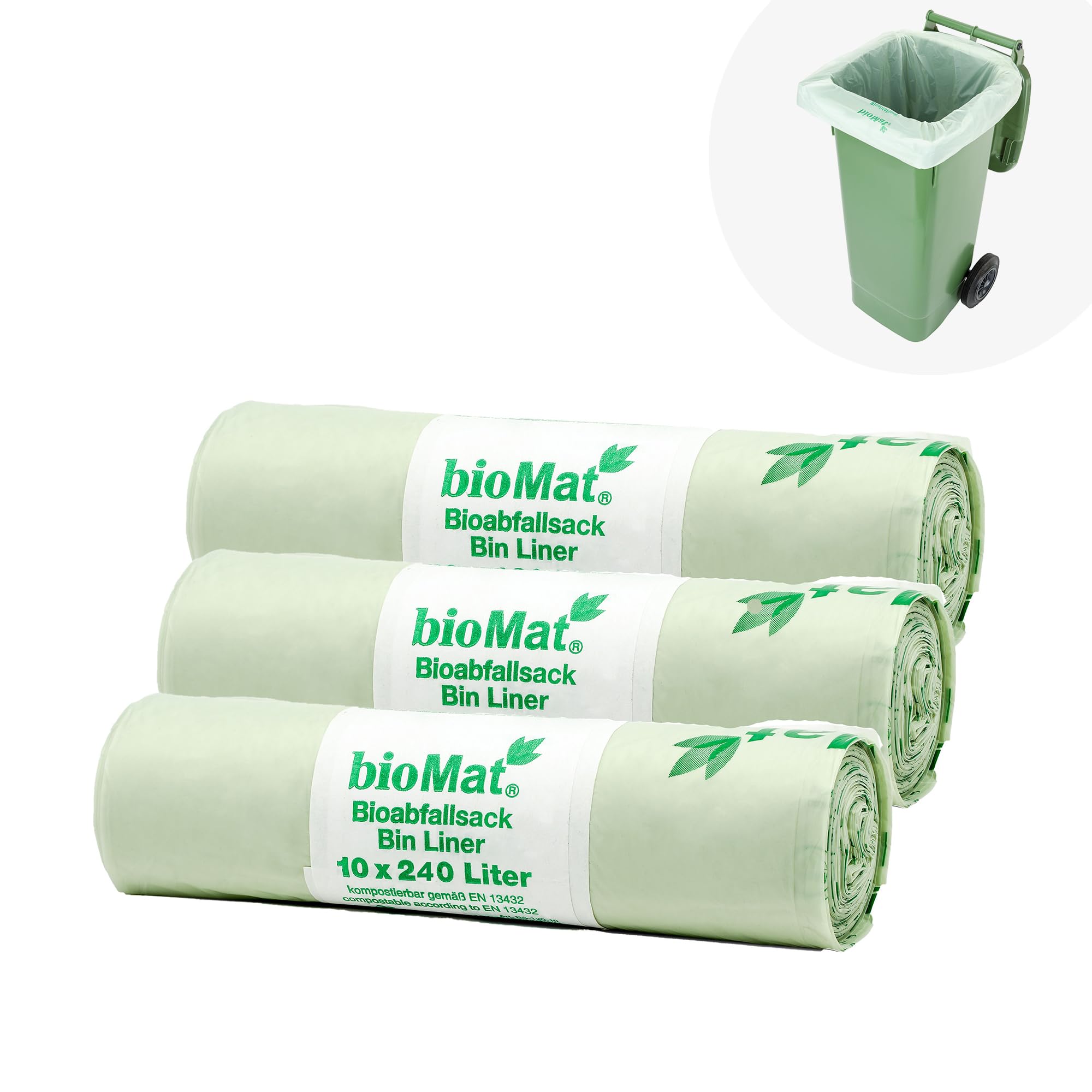 bioMat Kompostierbare 240l Abfallsäcke, 30 Biomüllbeutel für Biotonne, Restmülltonne, Premium-Qualität, Klimaneutral, Made in Germany