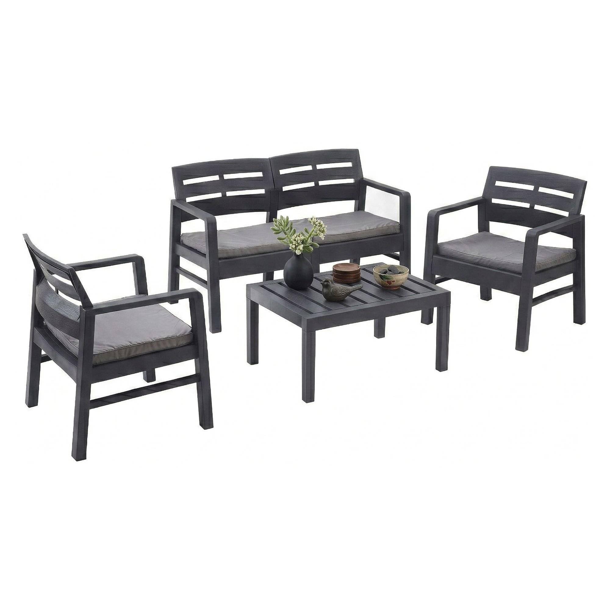 Dmora - Set Salotto da Esterno Massa, Composizione da Giardino con 2 poltrone, 1 Divano ed 1 tavolino, Salottino Indoor e Outdoor con Cuscini, 100% Made in Italy, Antracite