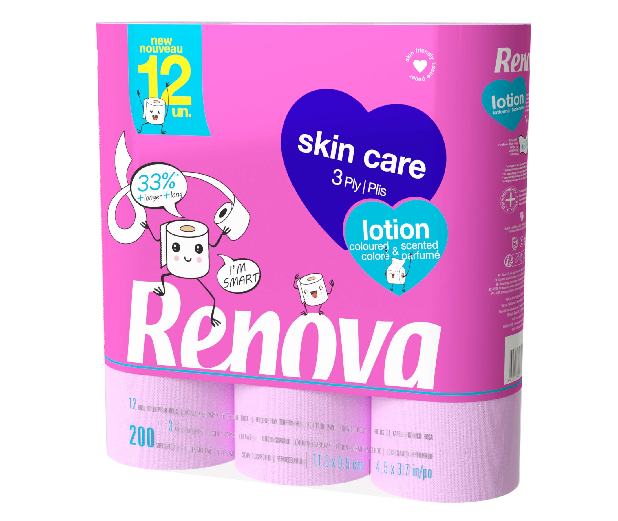 Renova Papel Higiénico SkinCare Lotion | 12 Rollos Locionados | Papel Rosado 3 Capas | Rollos XXL | Certificado FSC®