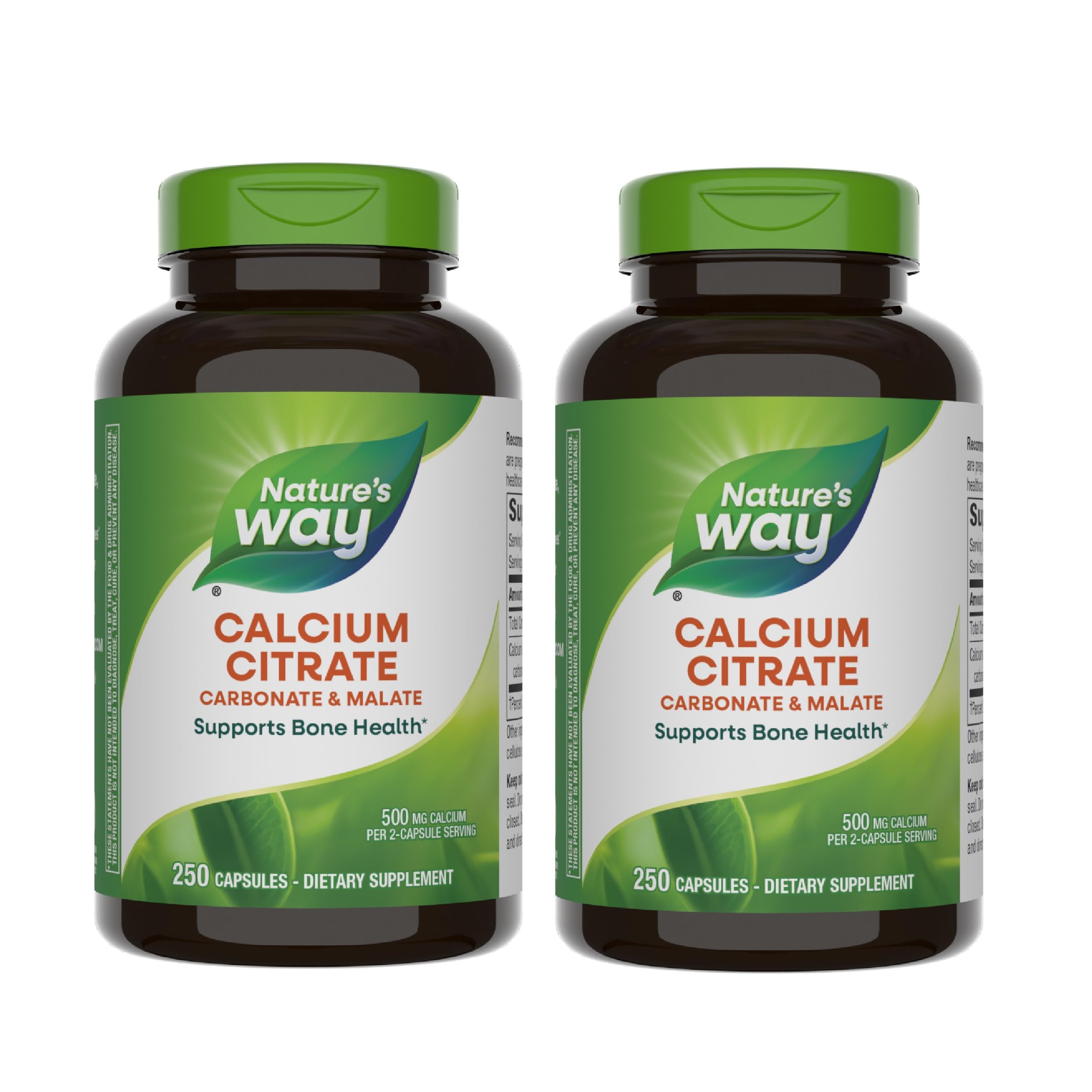 Nature's Way Calcium Citrate, Carbonate & Malate - Potent Calcium Blend - 500mg per 2-capsule Serving - Supports Healthy Bones, Teeth & - Vegan - Gluten & Dairy-Free - 250 Count (125 Servings, 2-Pack)
