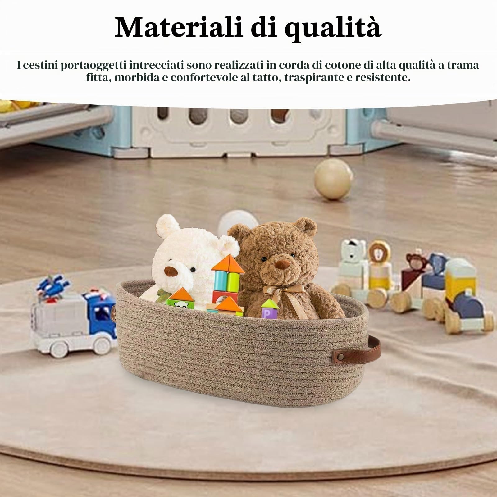 TIANLIN Set di 2 Cestini Portaoggetti Intrecciati in Cotone, 1 Grigio & 1 Kaki 33×15×10 cm, Cestino Portaoggetti con Manici in Pelle per Bagno, Camera, Cucina e Organizer Fasciatoio per Neonati