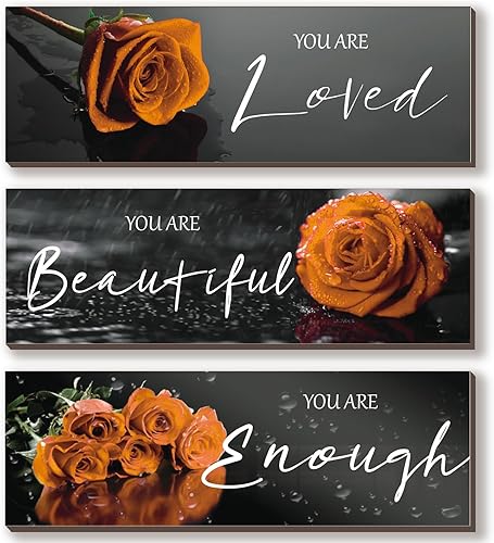 ZINYAZHE 3 piezas de decoración de pared naranja inspiradoras rosas naranjas decoración de baño, arte de pared de madera, citas positivas You Are