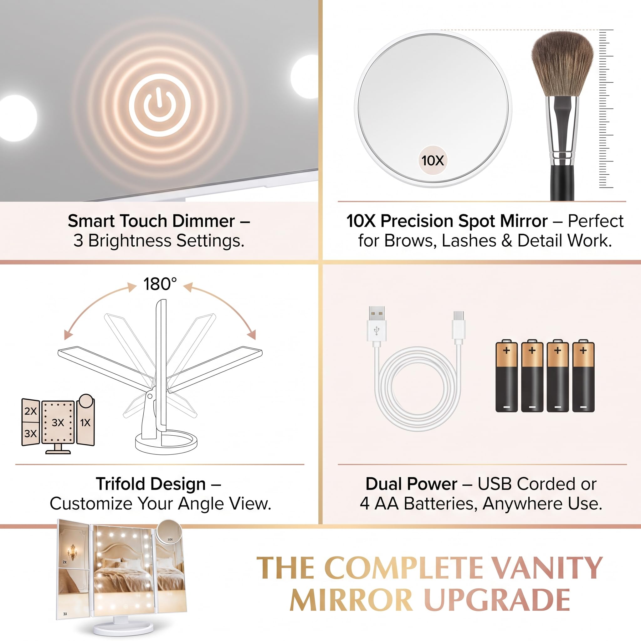 HUONUL - Specchio da trucco pieghevole a 3 luci, 10X/3X/2X LED, colore: rosa