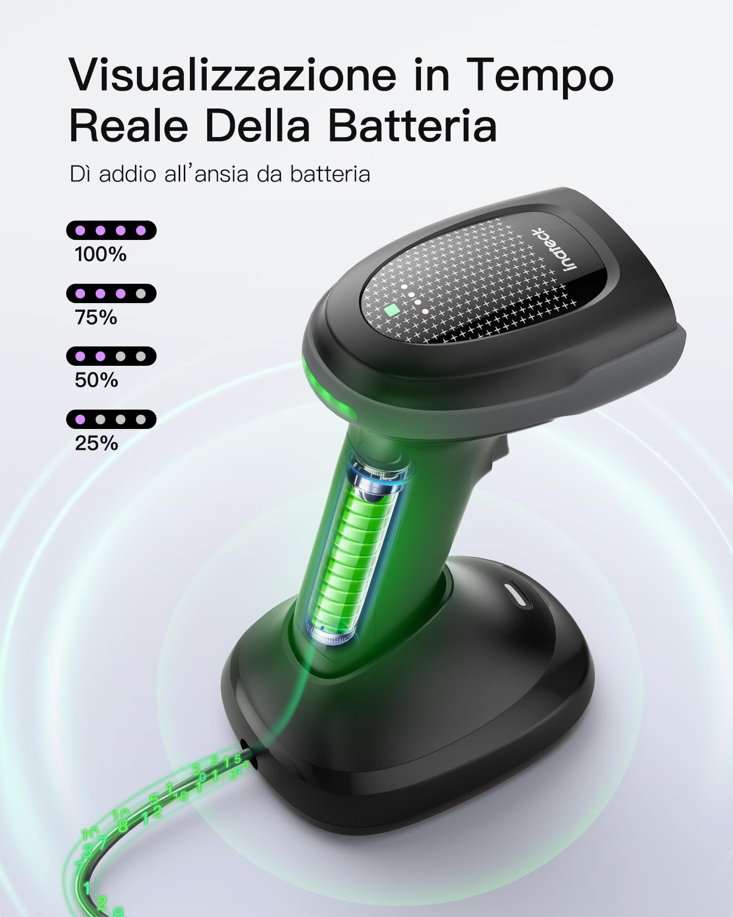 Inateck Lettore Codice a Barre Wireless 1MP 2D QR, Barcode Scanner Bluetooth con Base di Ricarica, 2 x 2000mAh Batterie Sostituibili per Magazzino, Logistica e Inventario