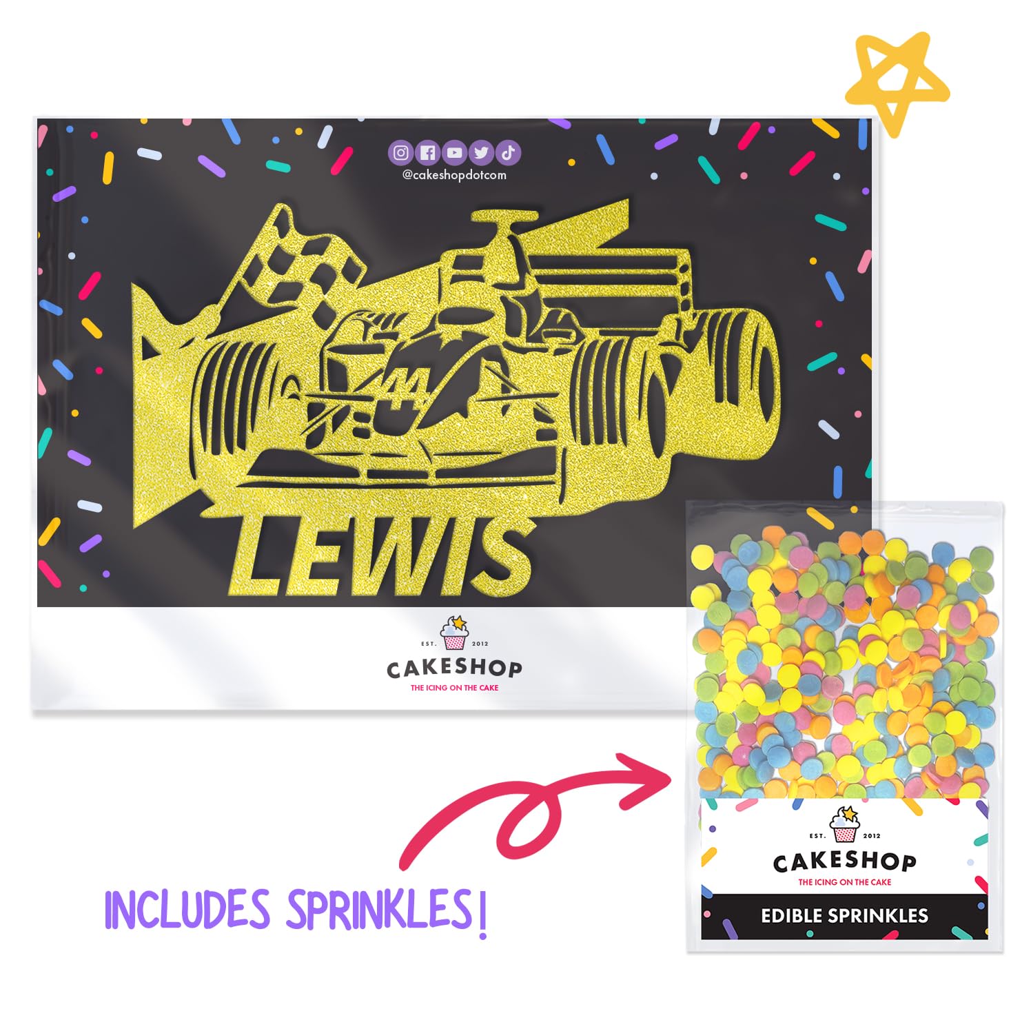 Personalised F1 Motor Racing Car Glitter Cake Topper, Champagne Custom Age & Name Glitter Cake Decoration and Sprinkles - Image 2