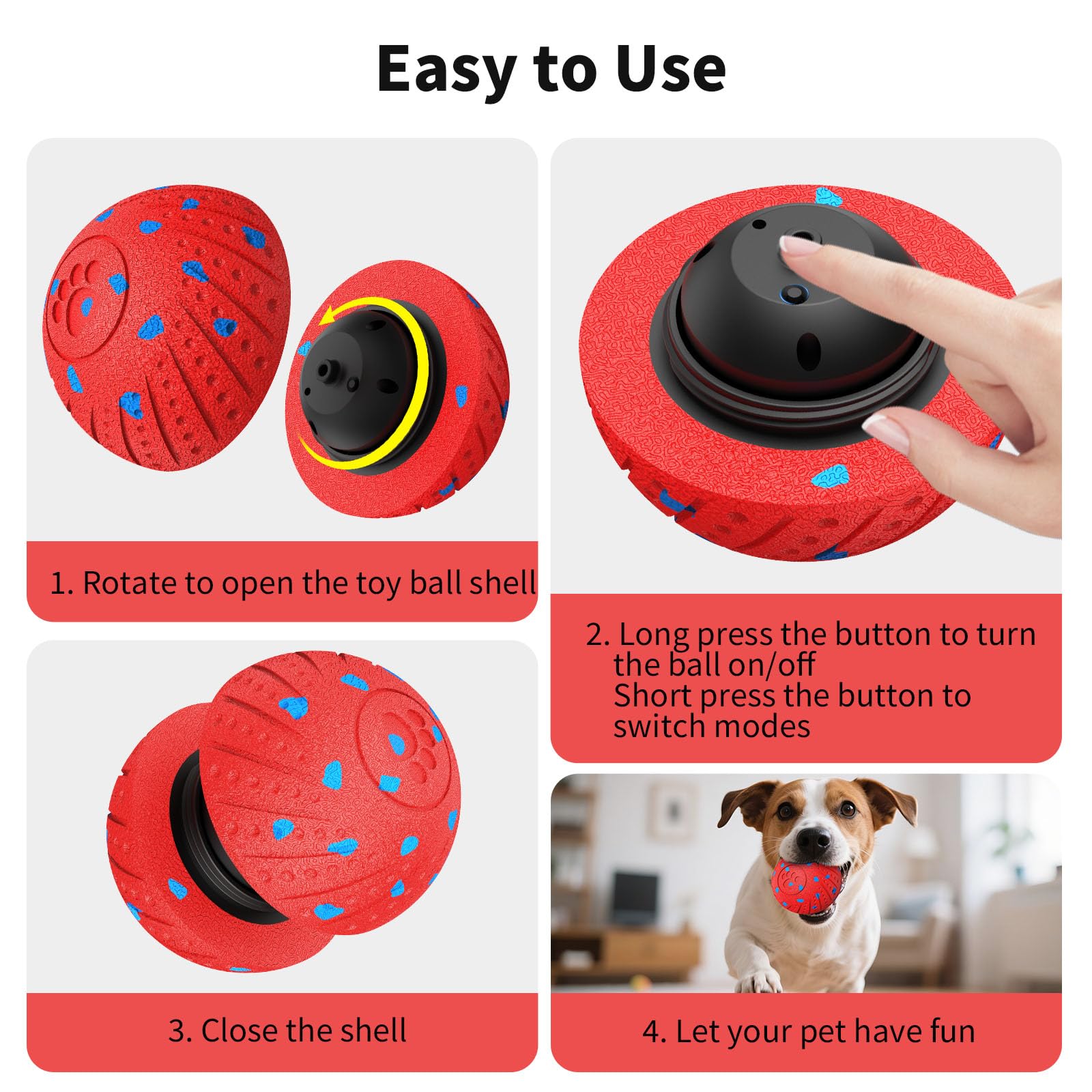 Palla per cani che si muove automaticamente, giocattolo per animali domestici con sensori intelligenti, 3 modalità di gioco, materiale E-TPU a prova di masticazione, durata di 2 ore