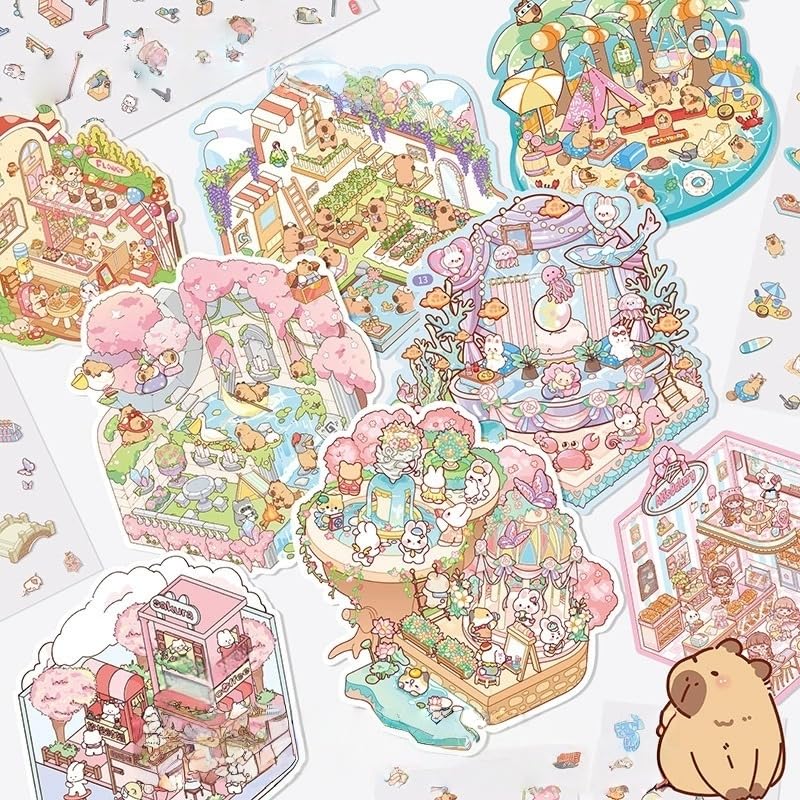 Luzhans 50 Sets Sticker Therapy Scenes Collection Book for Adults Stress Relief Pass The Time,DIY 3D Sticker Scene,Make Your Own House Miniature Cartoon Animal Isometric Scene Funny Stickers