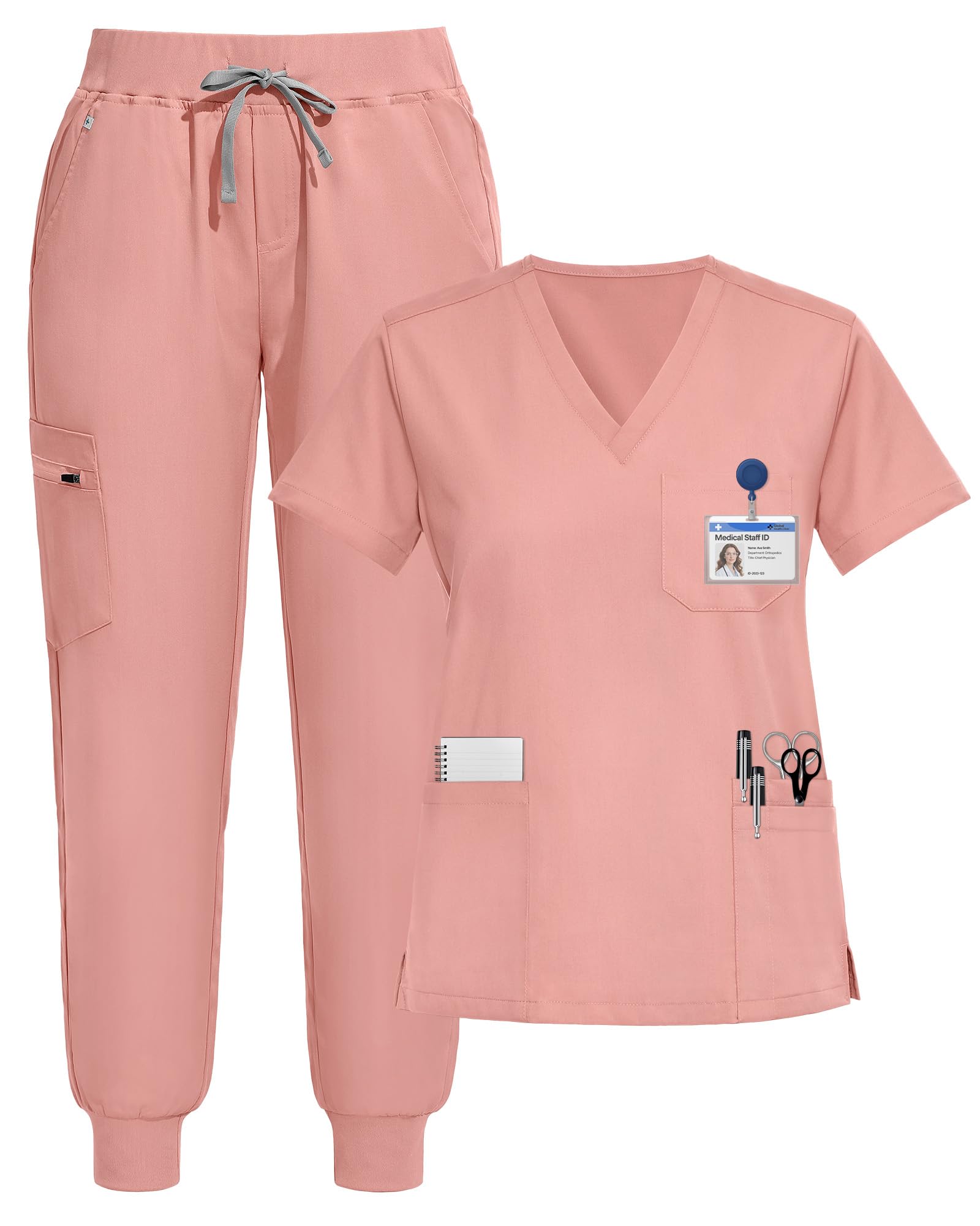 Eipnare Scrubs for Women Set V-Neck Jogger Set Pink M