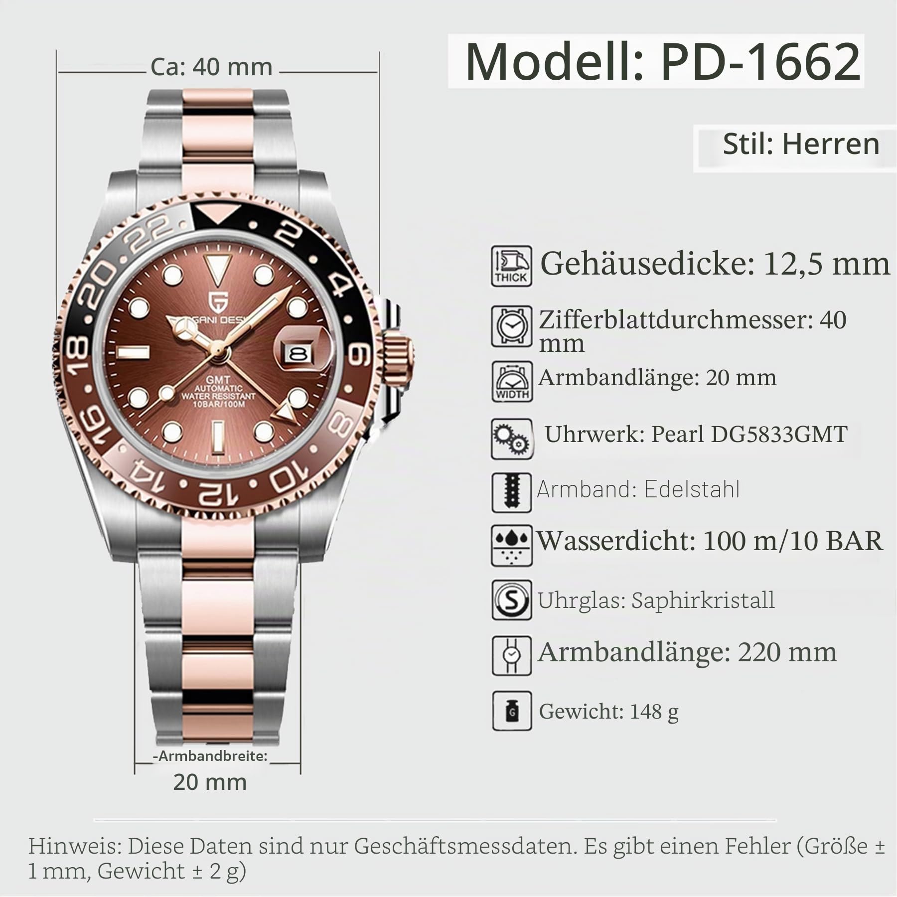 Pagani Design GMT Herren 40 mm Automatikuhr Saphirglas Edelstahl 100 Wasserbeständigkeit Analoguhr Mechanische Herrenuhren Geschenkuhr für Herren (Goldfarben)