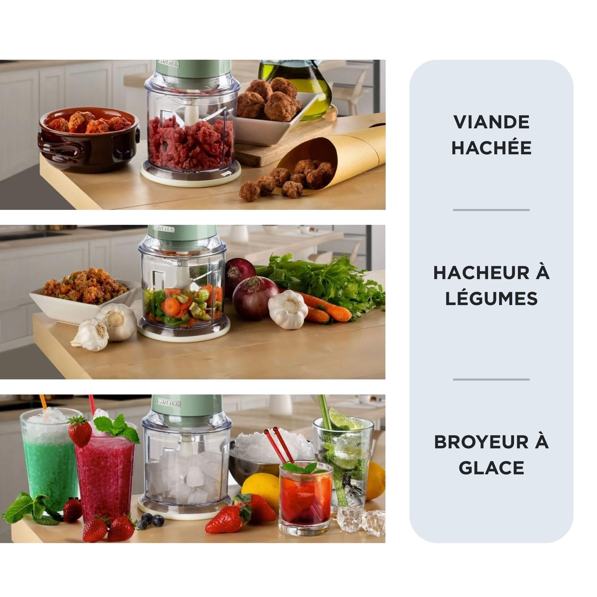 Ariete Vintage 438, Hachoir Électrique de Légumes et de Glace avec 2 Vitesses, 4 Lames en Acier Inoxydable, Pieds Antidérapants, 600 ml, 400W, Vert