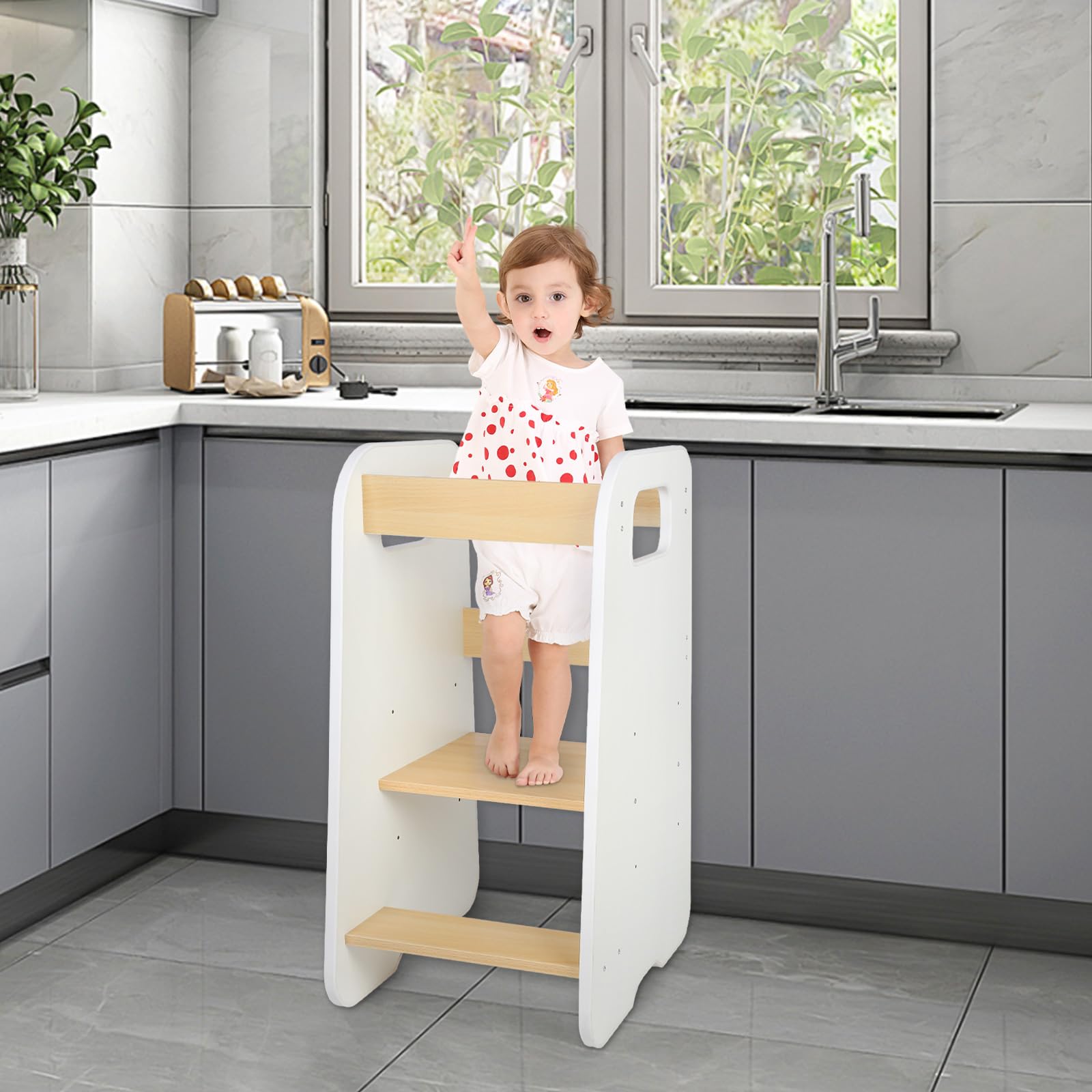 Scala Montessoriana per Bambini Torre di Apprendimento 80x50x40 cm Bianco Naturale con Lavagna 3 Altezze Regolabili Antiscivolo Antiribaltamento Portata 50 kg
