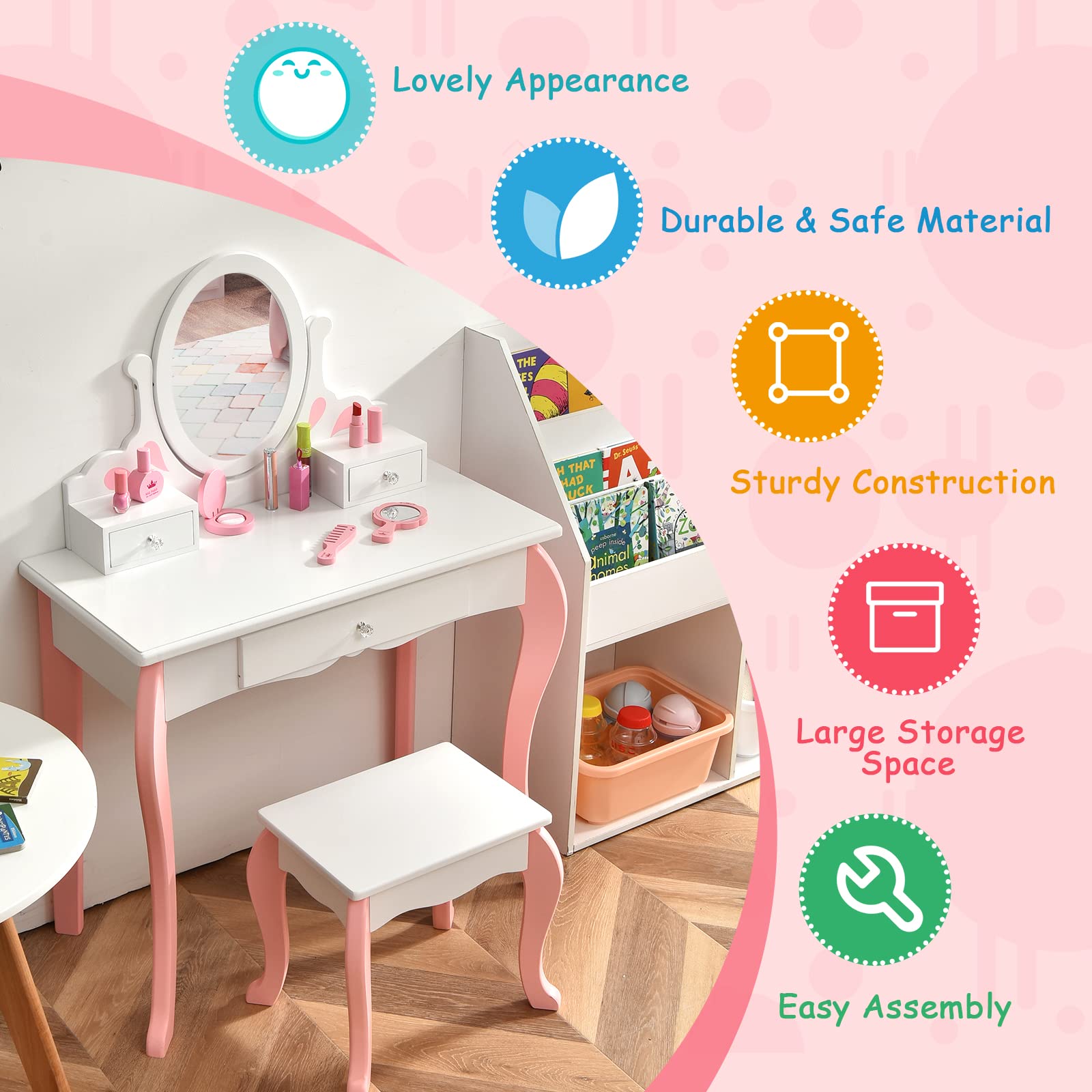 RELAX4LIFE Toeletta con Sgabello per Bambini, Tavolo da Trucco con Specchio Cosmetico Girevole, Struttura Antiscivolo con Sicurezza Anti Ribaltamento, Scrivania e Sgabello da Cameretta (Bianca)