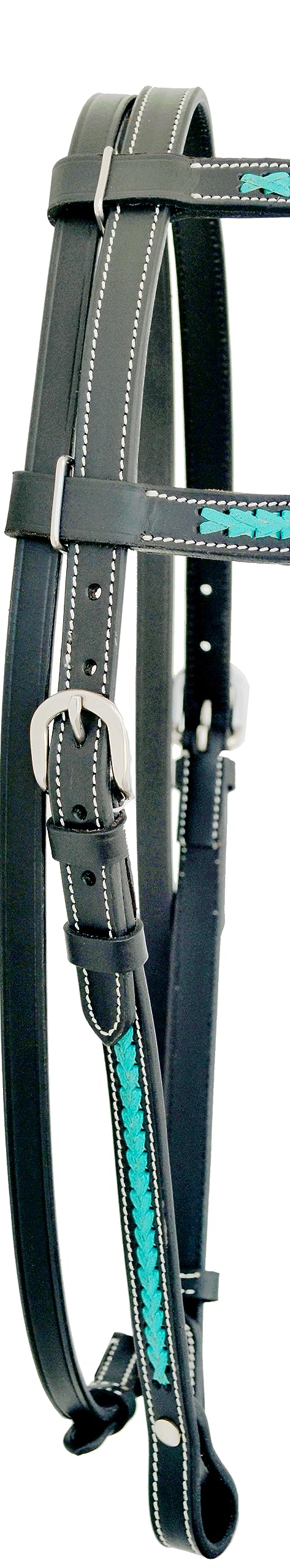 WeavingCraft Genuine Top Grain Black Leather Western One Ear Headstall Bridle with Hand Braided Turquoise Rawhide