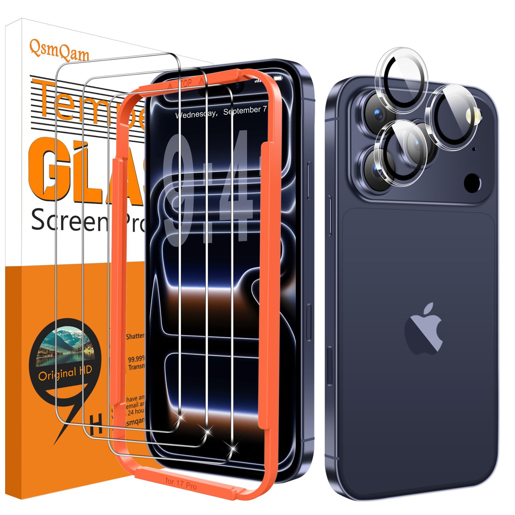 QsmQam 3 Pezzi Pellicola Vetro Temperato per iPhone 17 Pro 6.3" + 1 Pezzi Protettiva per Fotocamera Posteriore, Protezione per schermo di grado militare con durezza 9H+, Installazione semplice