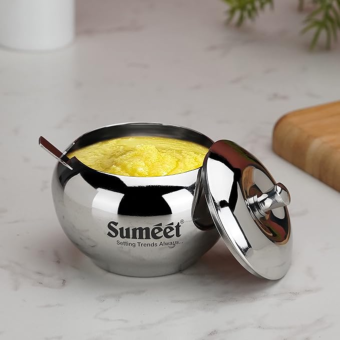 Sumeet Stainless Steel Ghee and Oil Pot, Storage Container with Spoon for Kitchen, 7.5cm Dia, 170ML -(Pack of 1), Silver media 2