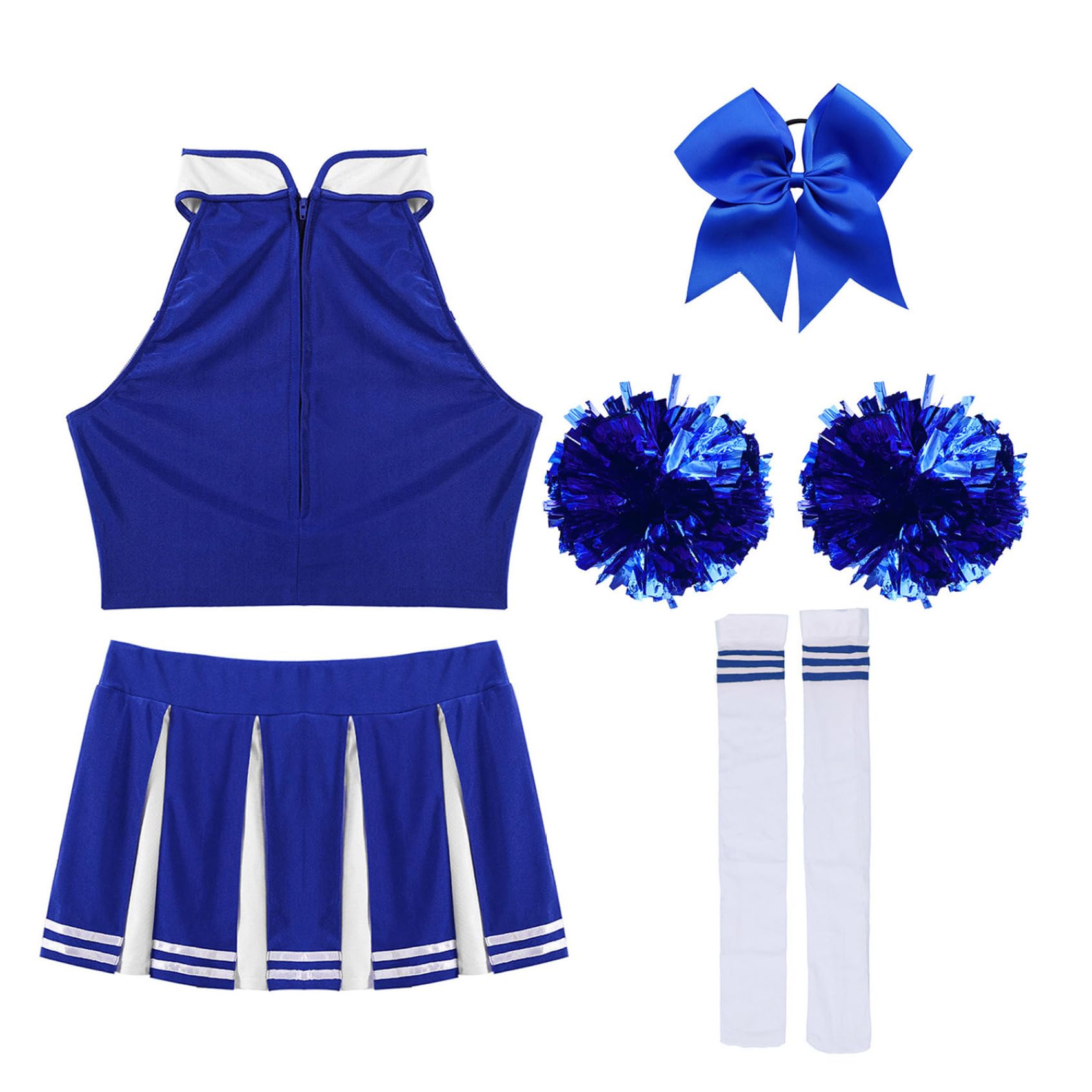 5Pcs Damen Cheer Leader Kostüm Cheerleading Uniform Crop Top mit Minirock Zubehör Cheer Outfits Halloween Karneval Fasching Tanzkostüm