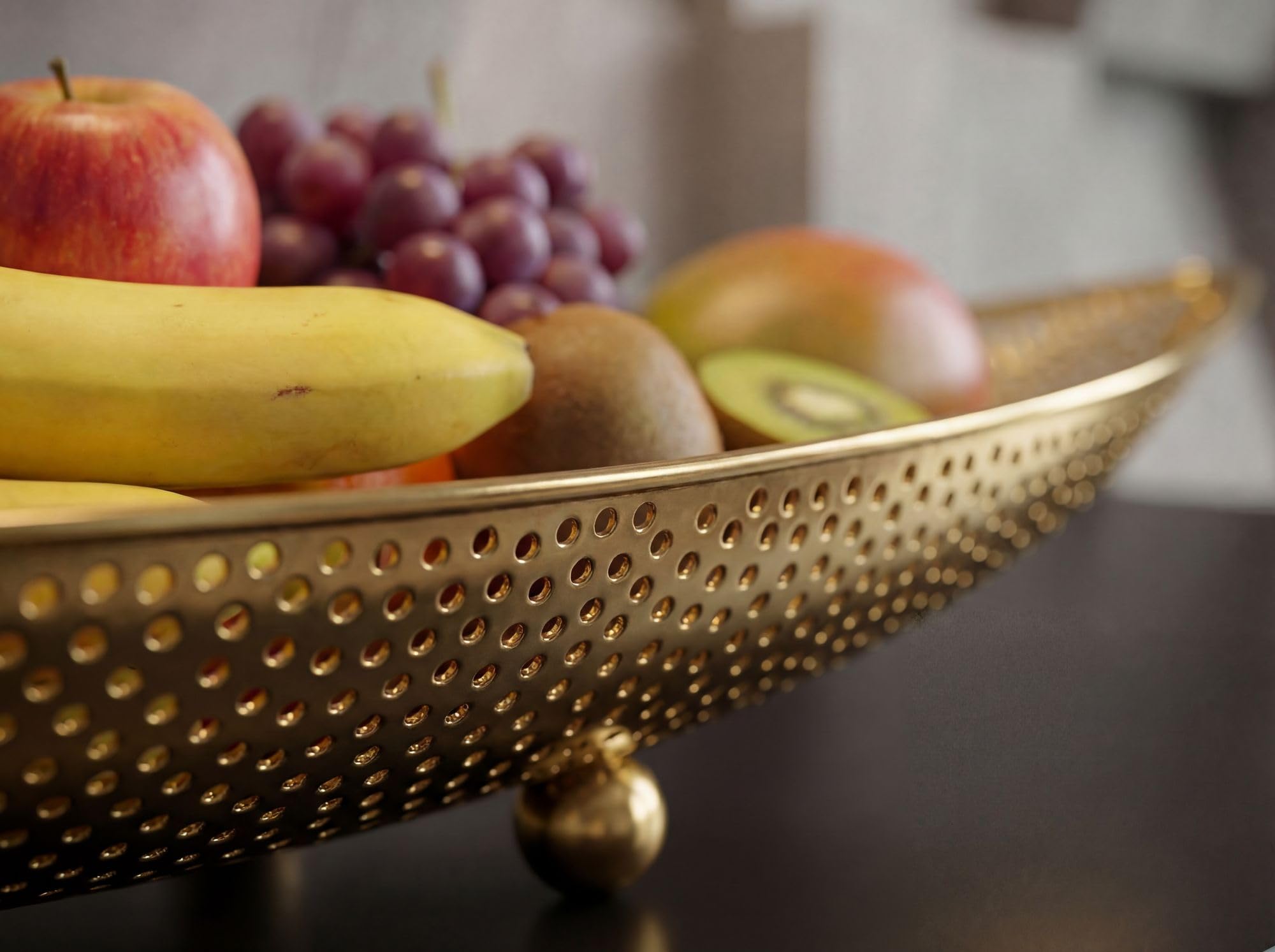 FineBuy Misa na owoce 60 x 16 x 9 cm Aluminium Złota Ręcznie robiona | długi kosz na owoce w kształcie łodzi, ręcznie robiony metalowy kosz na owoce, ażurowa misa na kredens, dekoracja stołu do ku