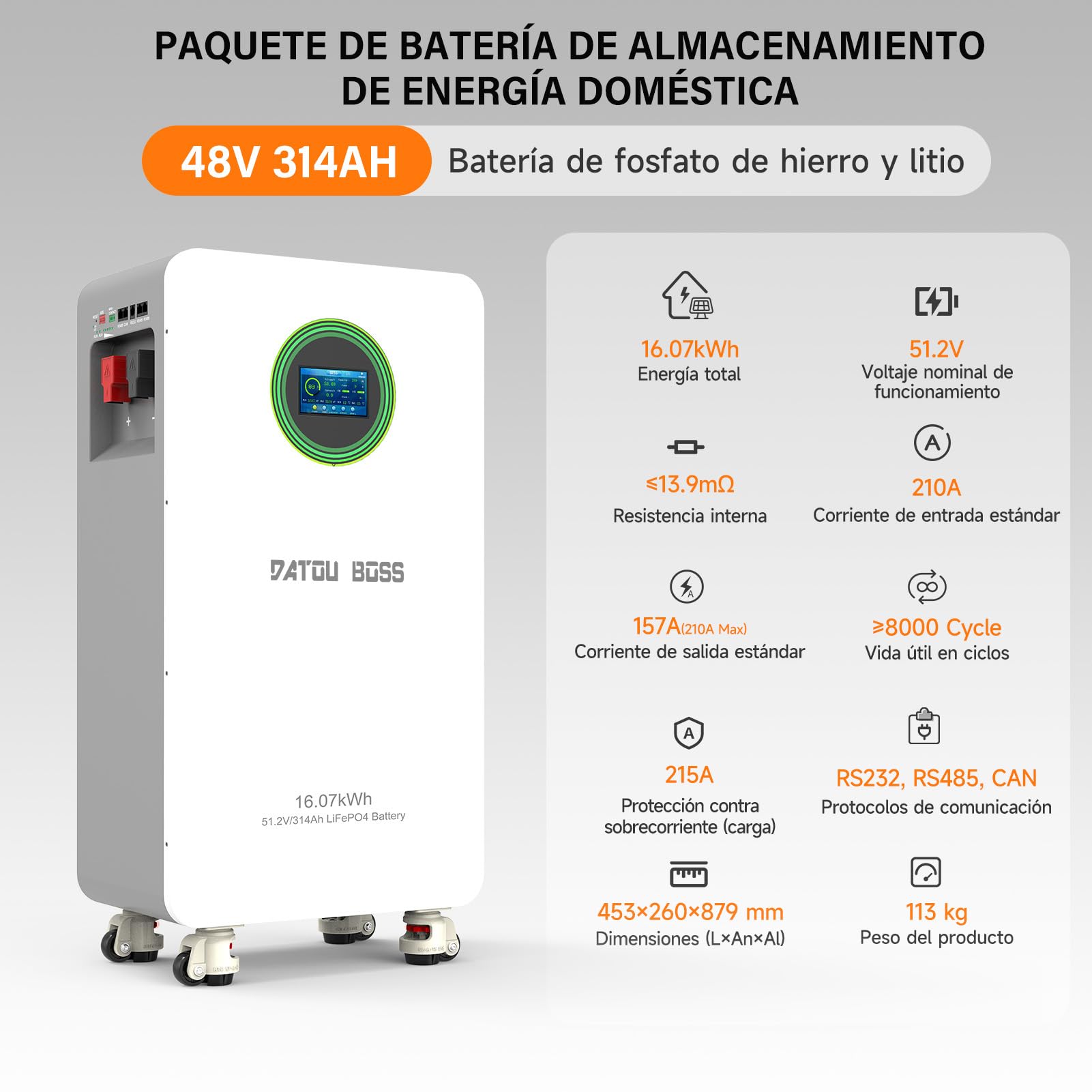 DATOUBOSS Batería LiFePO4 48V 314Ah 16,07kWh ciclo profundo, BMS 200A pantalla LCD RS485/CAN, almacenamiento solar para hogar, autocaravana fuera de red