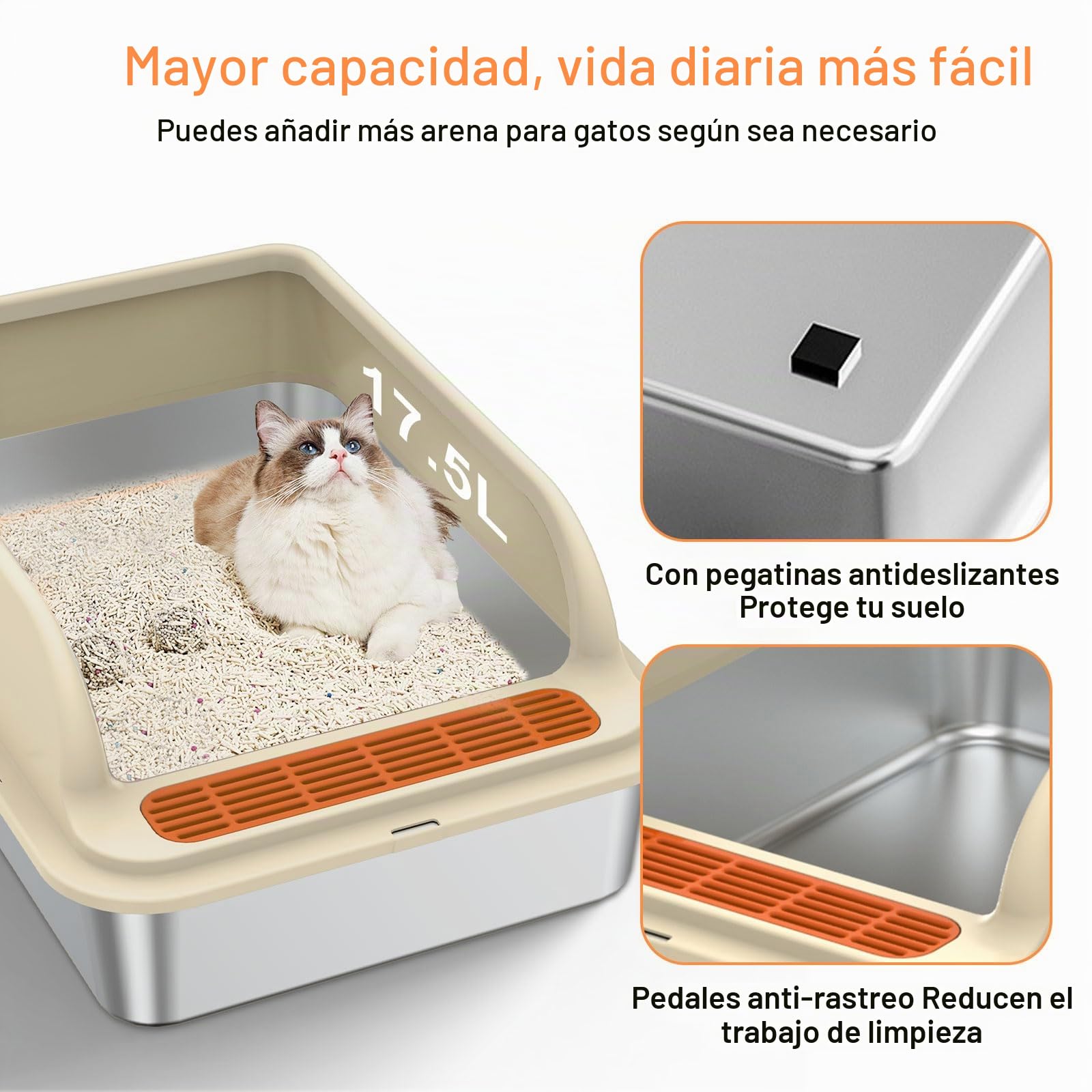 Arenero Acero Inoxidable Gatos, Arenero Gato Grande XXL con Protección contra Salpicaduras, Borde Alto Extraíble, Grande 50x35x25cm para Hogares Varios Gatos, Resistente a Los Olores Duradero (A)