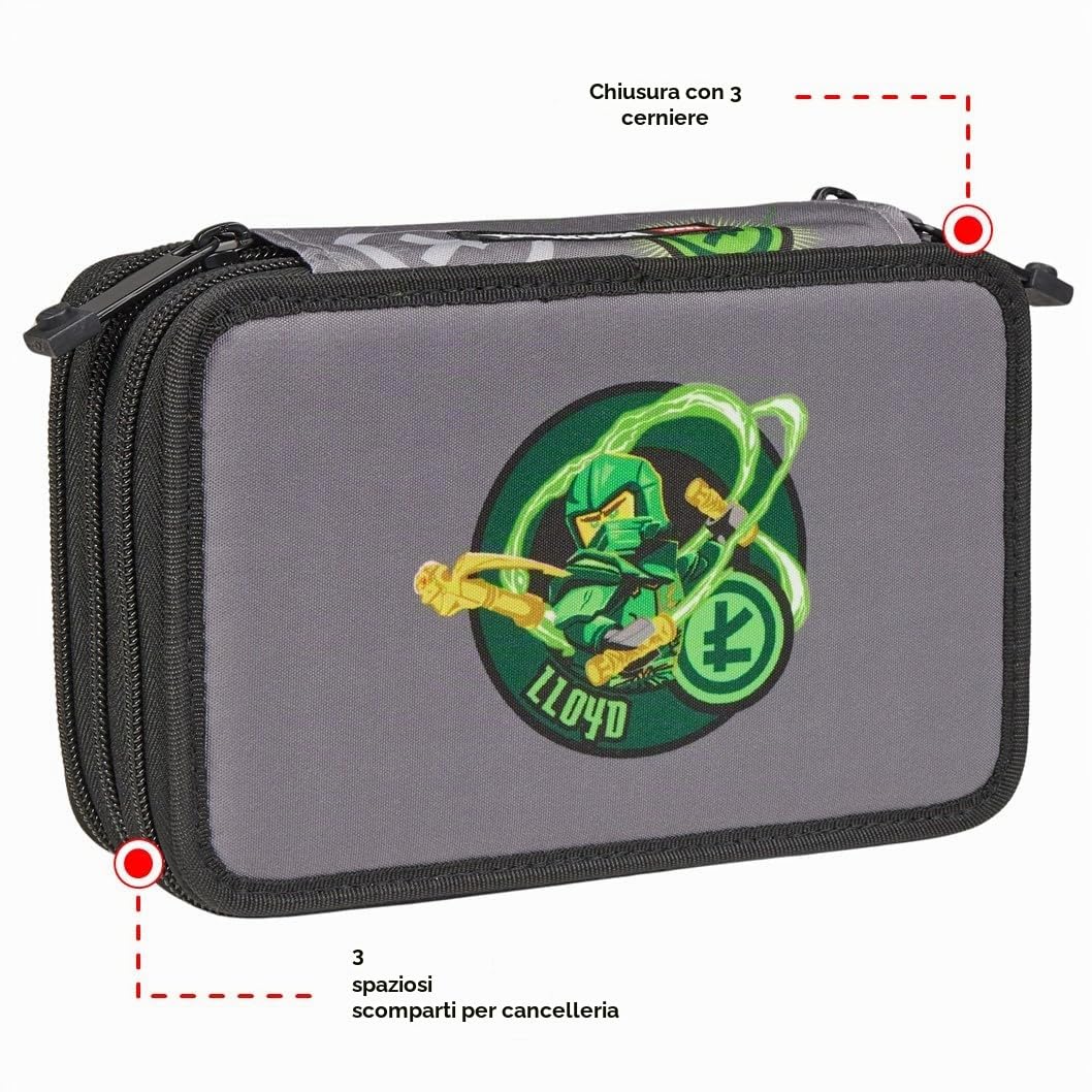 SKANDO BAGS Astuccio Lego Ninjago - Organizzazione elegante per utensili da scrivere con 3 scomparti spaziosi, cerniere sicure e dettagli Lego 1x1, Elemental Master Of Energy