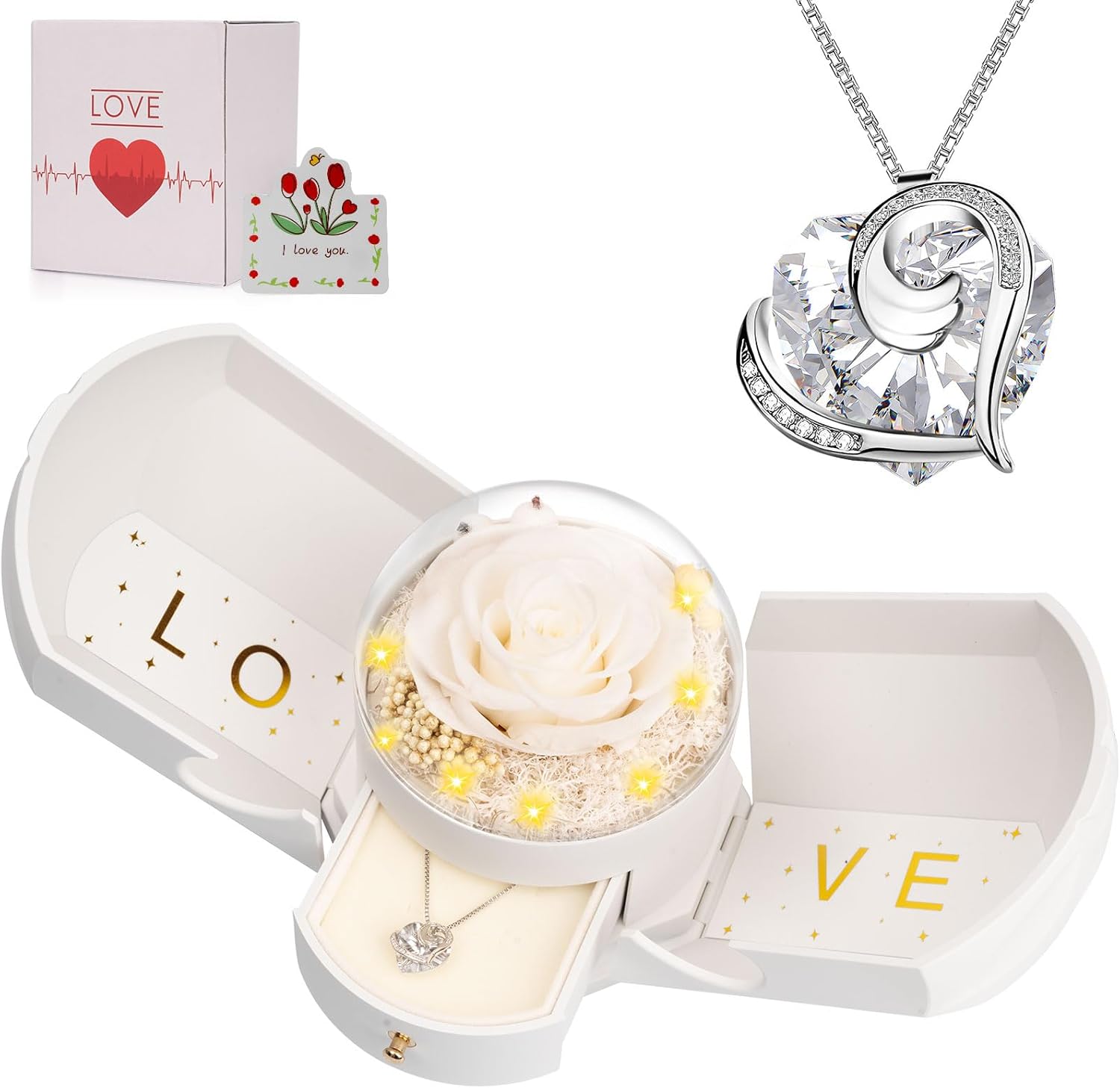 Preserved Real White Rose with Necklace Forever Flowers Rose Valentines Day Gifts for Her Wife Girlfriend Women Mom Grandma on Valentines Mothers Day Sweetest Day Christmas Anniversary Romantic-White