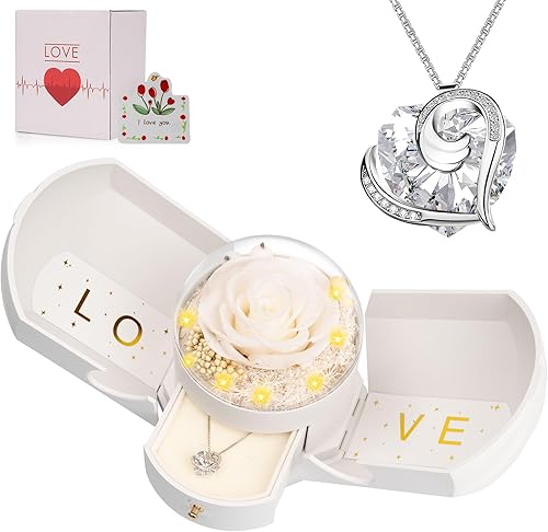 Miniatura 13 de Rosa roja real preservada con collar, flores para siempre, regalos de cumpleaños para mujeres, su madre, esposa, novia, abuela en San Valentín, día