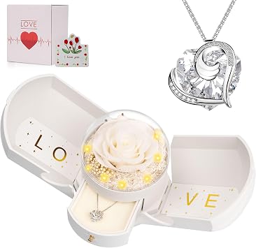 Preserved Real White Rose with Necklace -Birthday Gifts for Women Mom Her Wife Girlfriend Grandma on Valentines Mothers Day Sweetest Day Christmas Anniversary Romantic-White