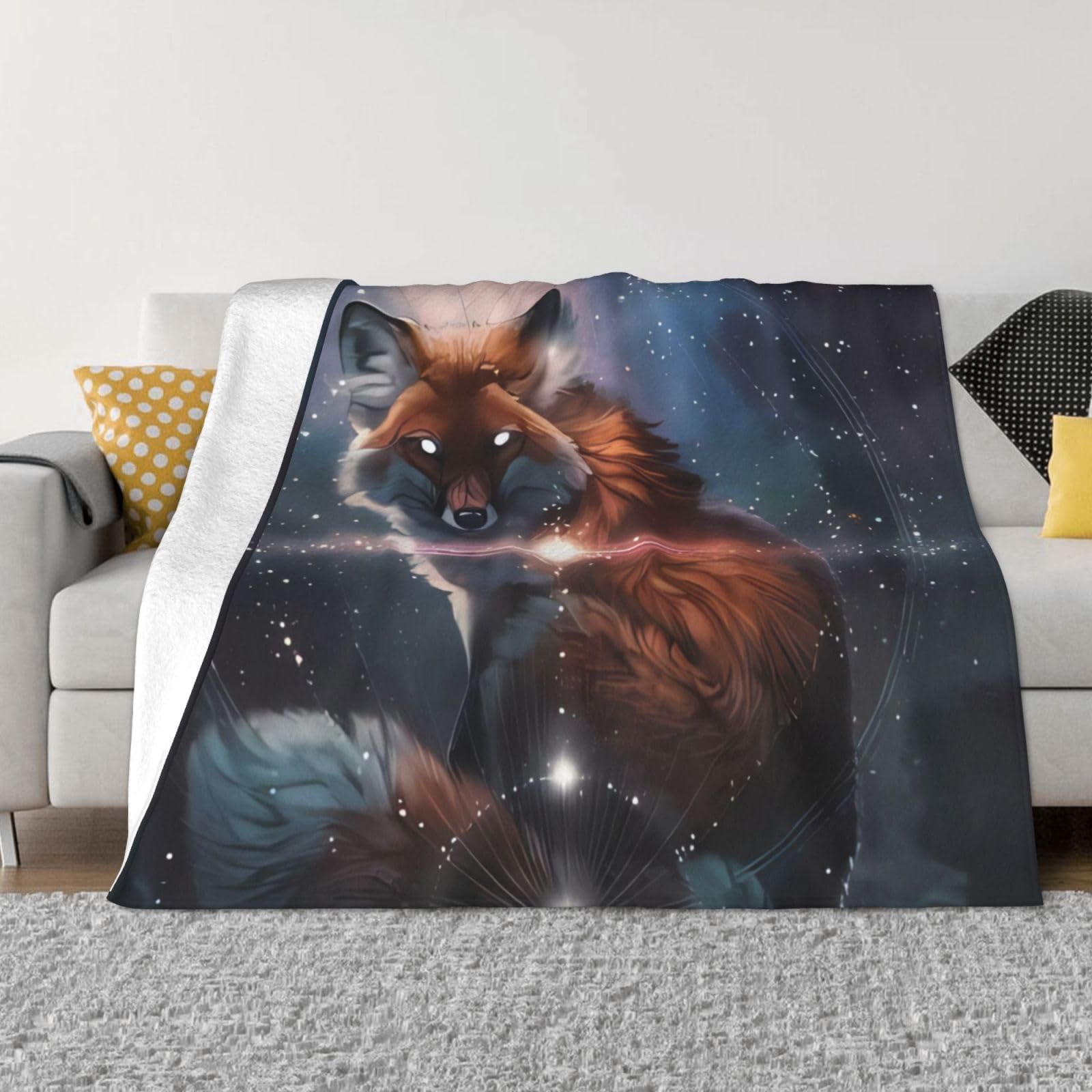 Couverture polaire flanelle Fox On The Galaxy, plaid chaud pour lit et canapé