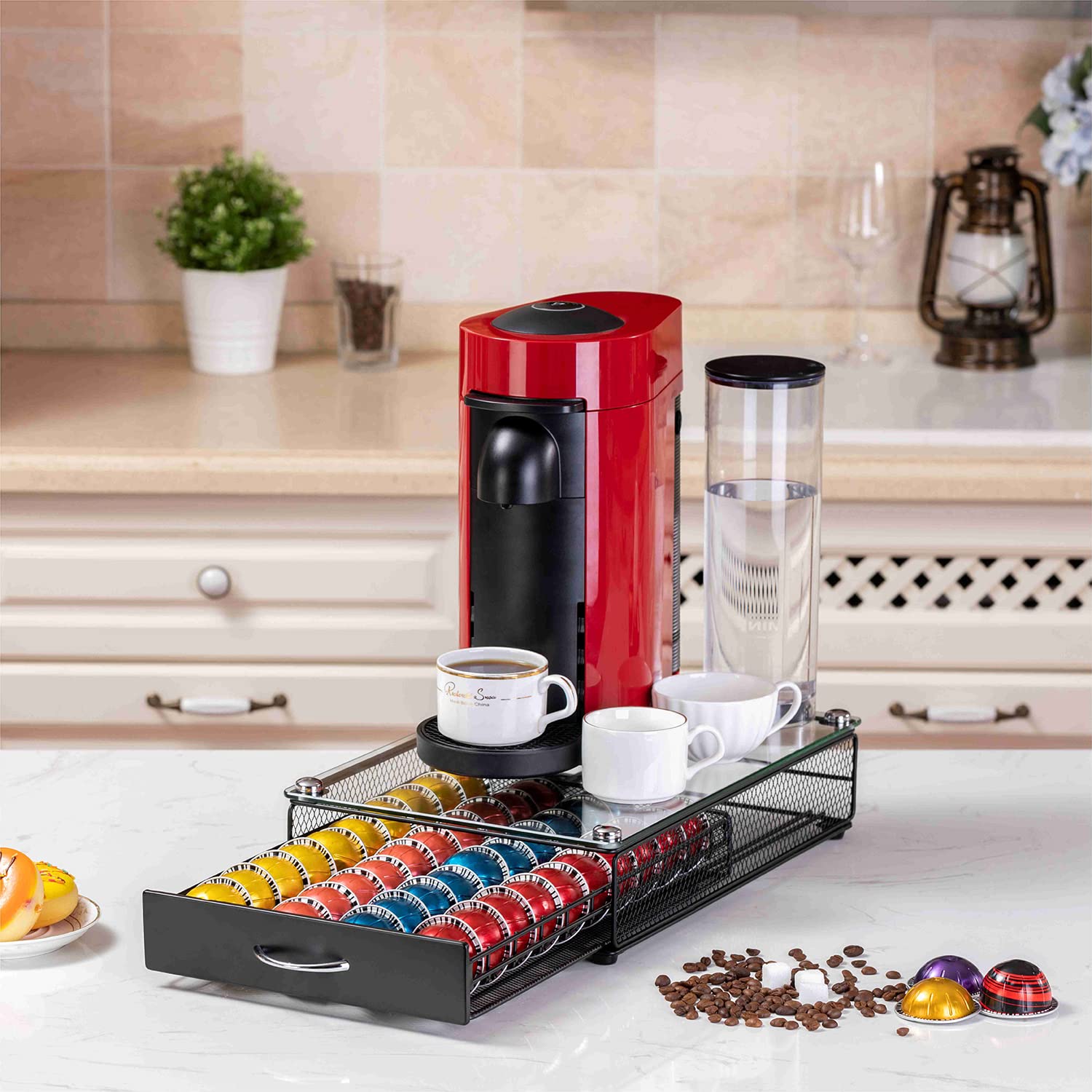 ZCDCP Vertuo - Soporte para cápsulas de café, cajón superior de cristal, organizador de cápsulas de café con 40 cápsulas