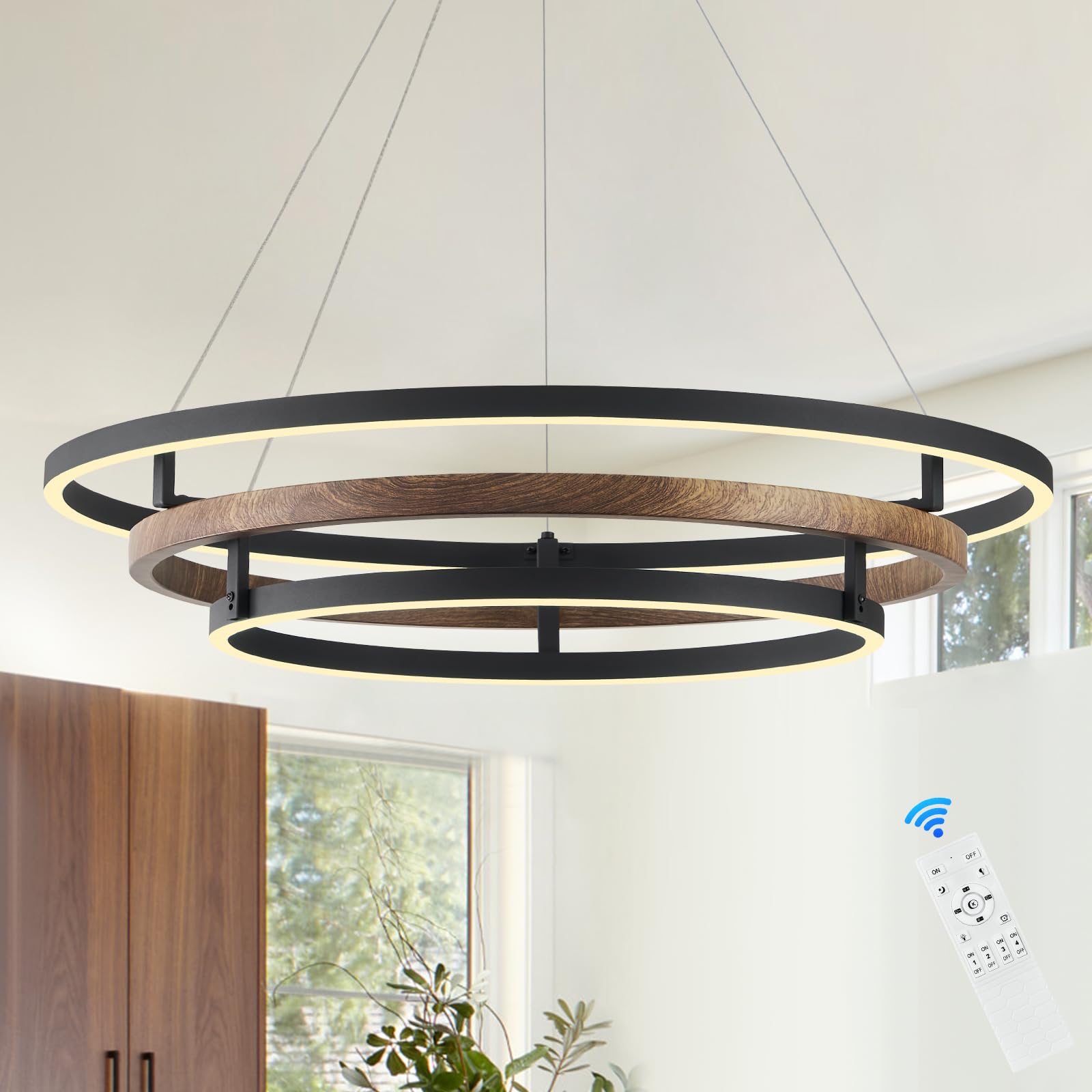 3 ring led chandelier walnut wood black chandelier light fixture 31in dimmable modern entry chandeliers wood-printed circular light for foyer dining room bedroom office living room