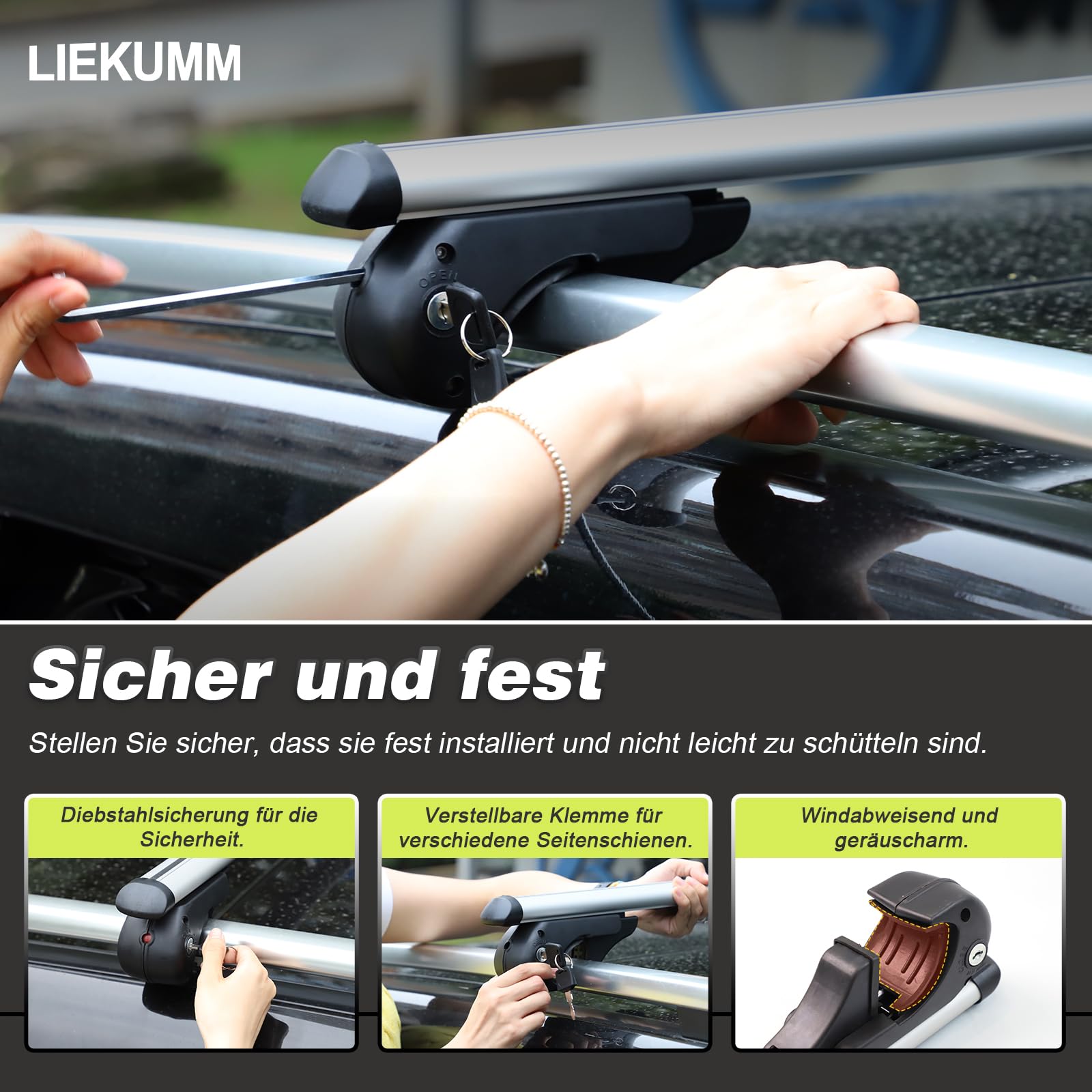 LIEKUMM Dachträger Universal 135cm, 2er-Pack Dachträger Geschlossene Reling, bis 120 cm Breit Nutzbar Aluminium Relingträger für offene Dachrelinge, Vormontiert, Inklusive Schloss
