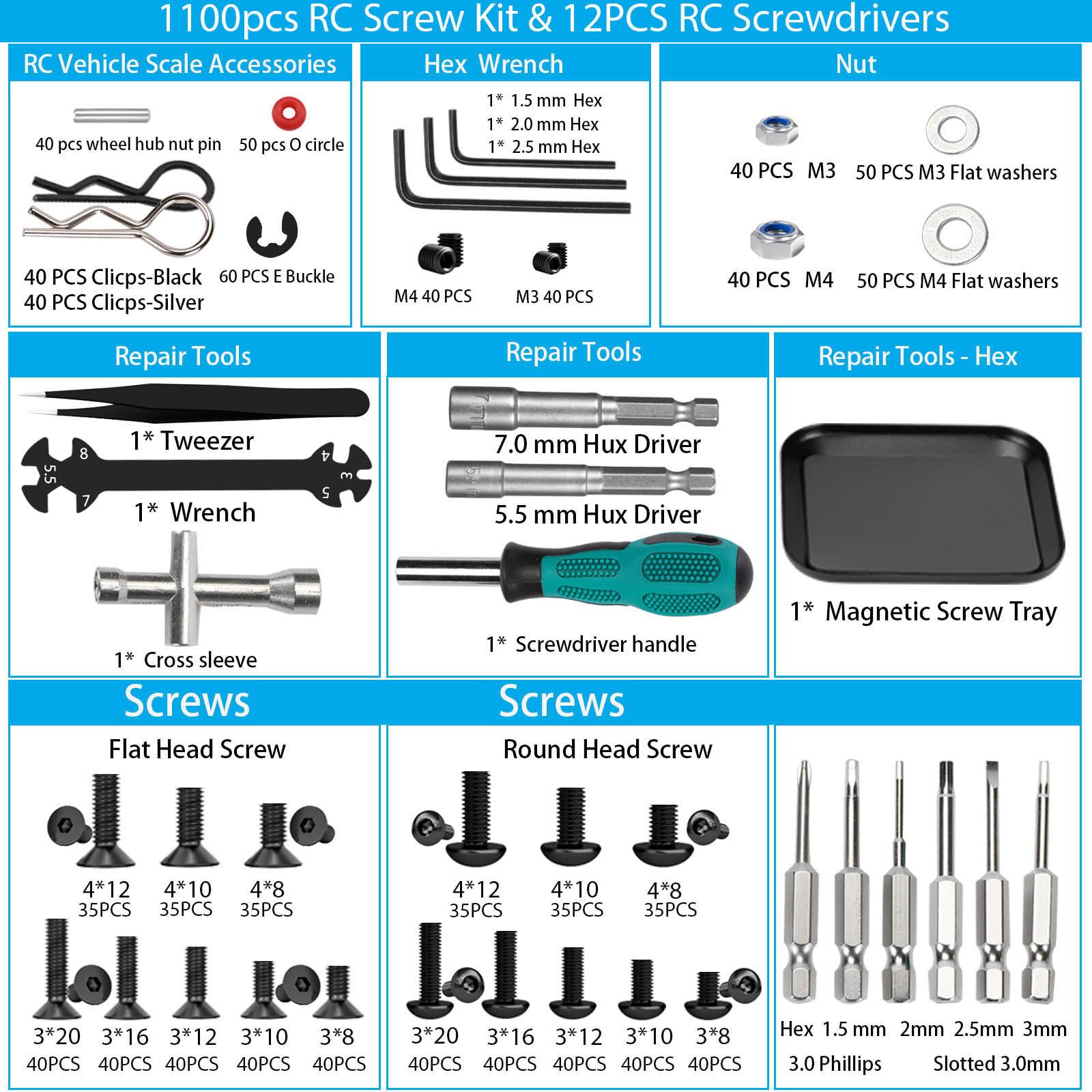 1100 PCS RC Screw Kit and RC Screwdrivers Repair Set with Aluminium Screw Tray for Traxxas Axial Redcat Arrma HPI HSP SCX10 RC4WD 1/8 1/10 1/12 1/16 Scale RC Crawler Truck Buggy Car