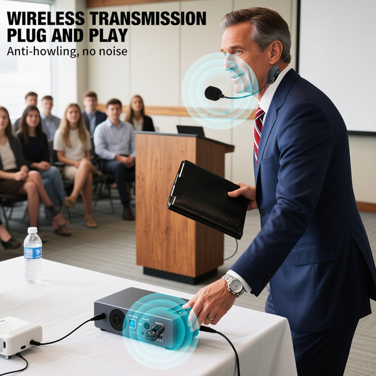 Annadue Microfono Ad Archetto Wireless 2.4G UHF, Microfono Lavalier Wireless con Connettore da 3,5 Mm e 6,35 Mm per Insegnamento, Fitness, Guida Turistica, Amplificatore vocale. (1 per 2)