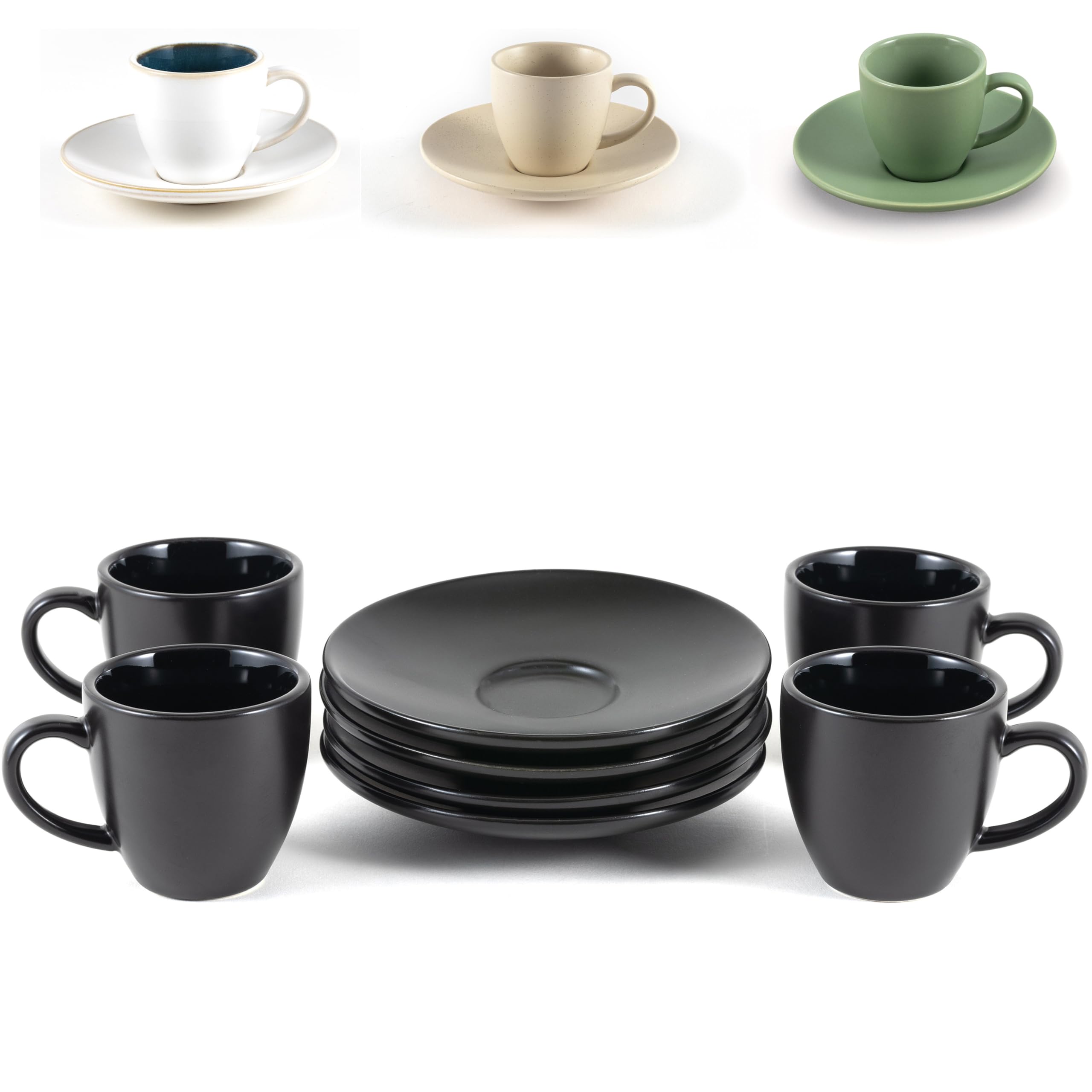 Hanseküche Set van 4 zwarte espressokopjes van aardewerk [4 x 75 ml] - Set van 4 hoogwaardige handgemaakte dikwandige espressokopjes, espressokopjes van aardewerk, schoteltjes