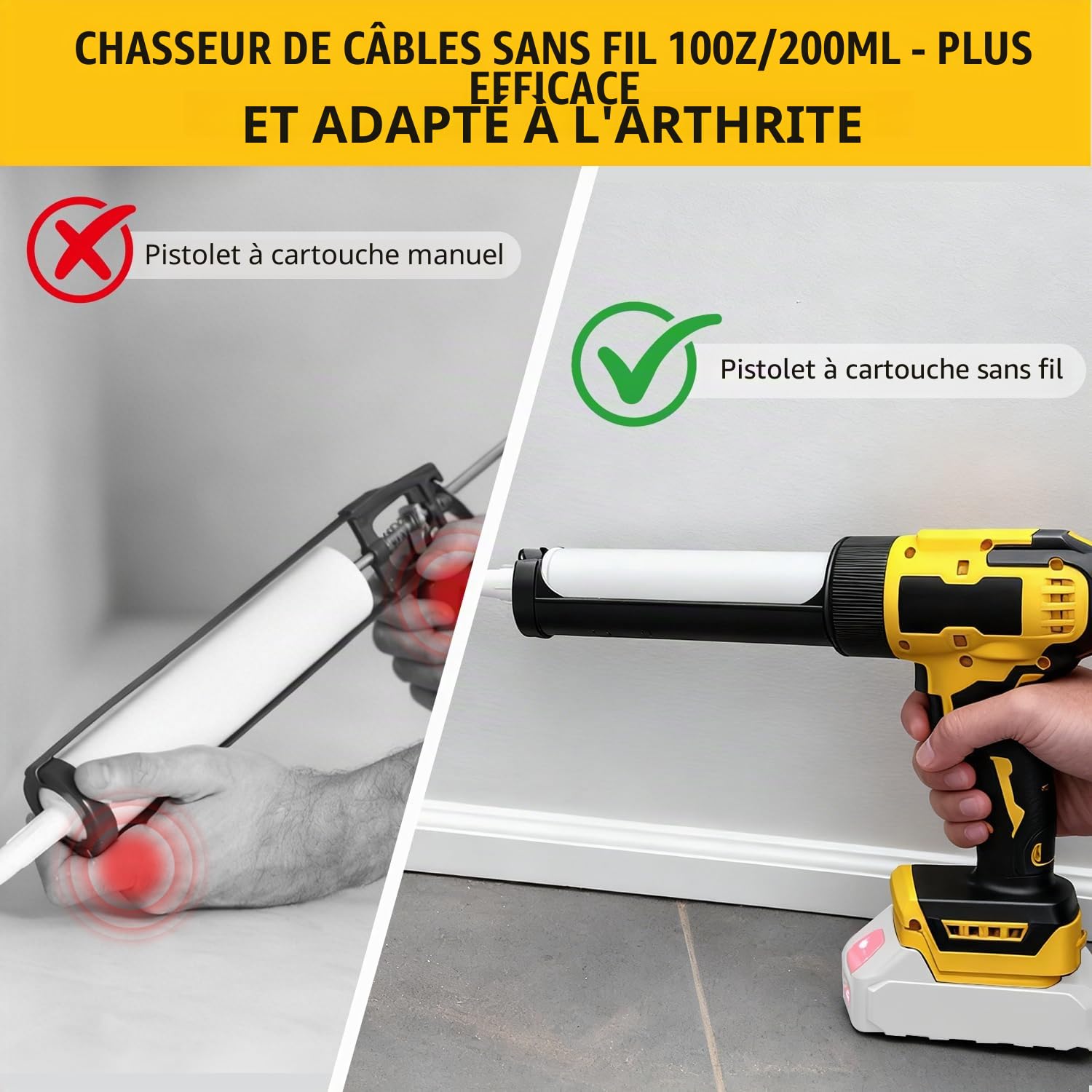 Pistolet à cartouche électrique sans fil compatible avec batterie Dewalt 20 V, avec lumière LED et vitesses réglables, pistolet en silicone pour cartouches de 300 ml (sans batterie)