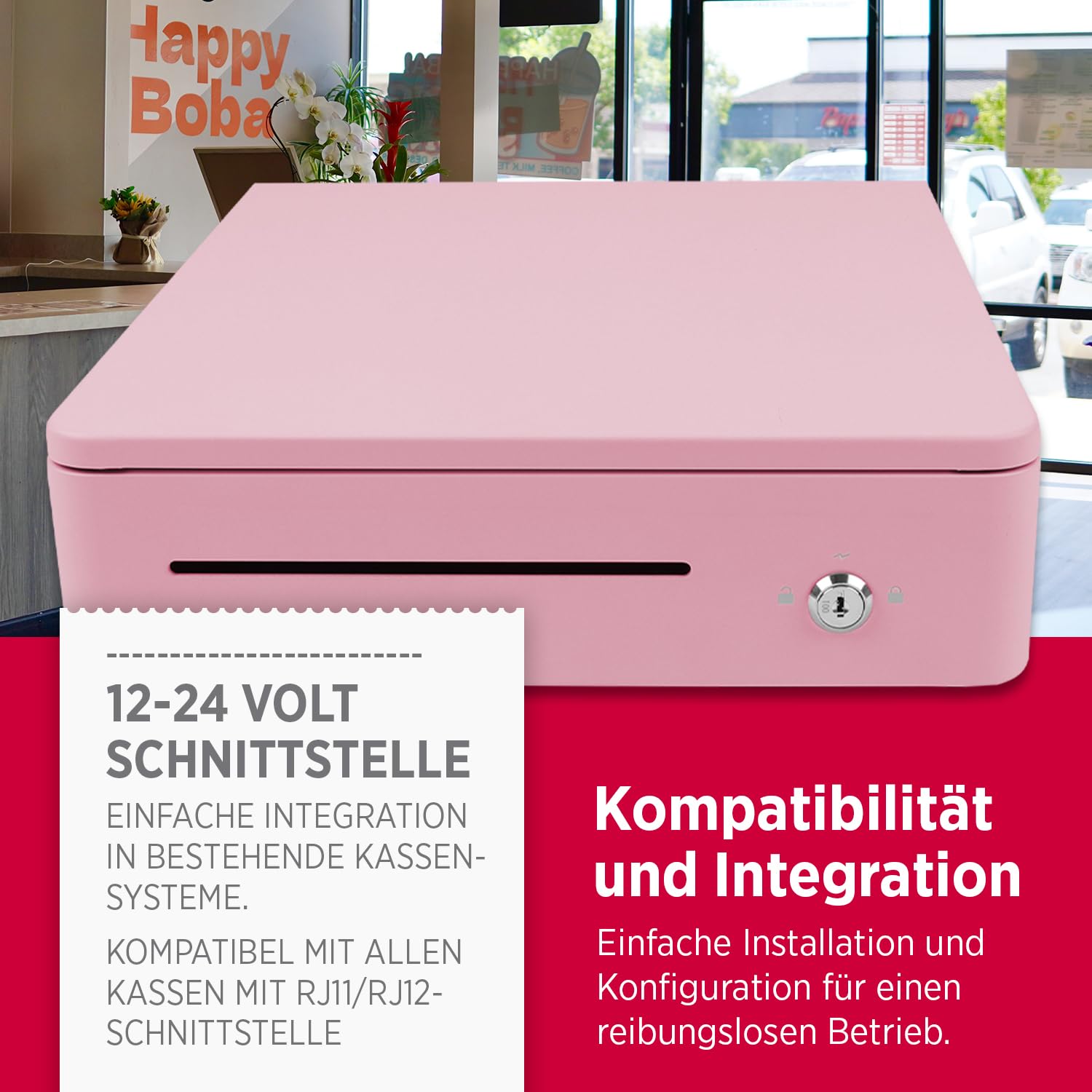 OLYMPIA S 330 - Caja registradora con 8 compartimentos para monedas y 4 billetes, robusta base de metal para caja registradora con cerradura y conector RJ11/RJ12, color rosa