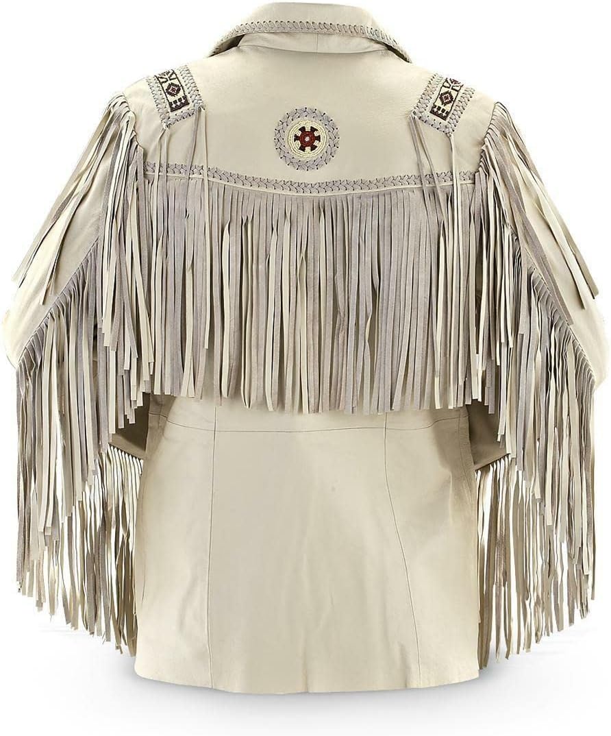 Mens Cowboy Western Suede Leather Jacket with Bones Beads Fringes- Bikers Style Mens Classic Fashion. (White, 5X-Large)