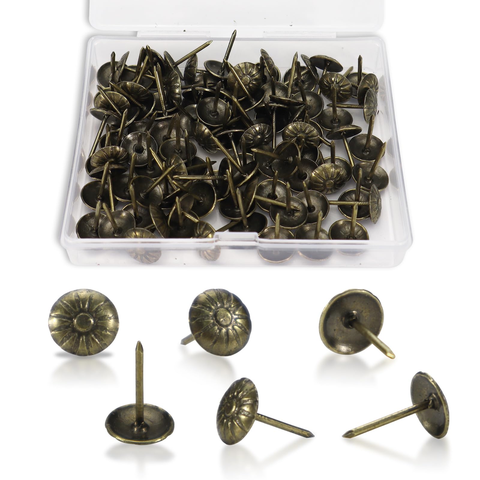 100 Pcs Daisy Upholstery Tacks for Furniture with Box, 7/16 Inch Antique Bronze Upholstery Nails, Vintage Decorative Tacks Nail Heads Pins Stub for Wood DIY Project Sofa Jewelry Box