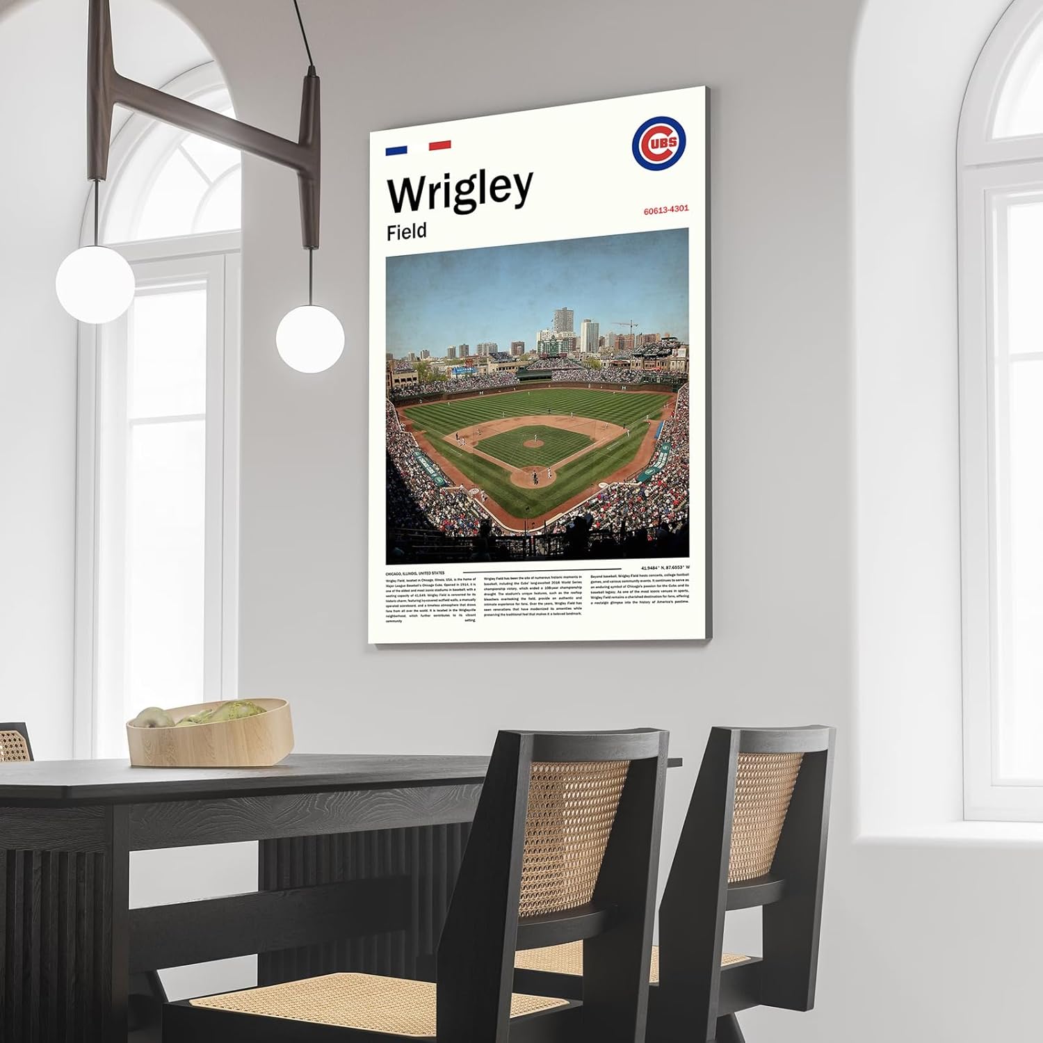 WrigleyField Stadium Poster (L24 xW16 Wrapped Canvas) Chicago Bay Ballpark Wall Art Print - Cubs Retro Sports Poster - Gift for Baseball Fans & Cubs Team Supporters