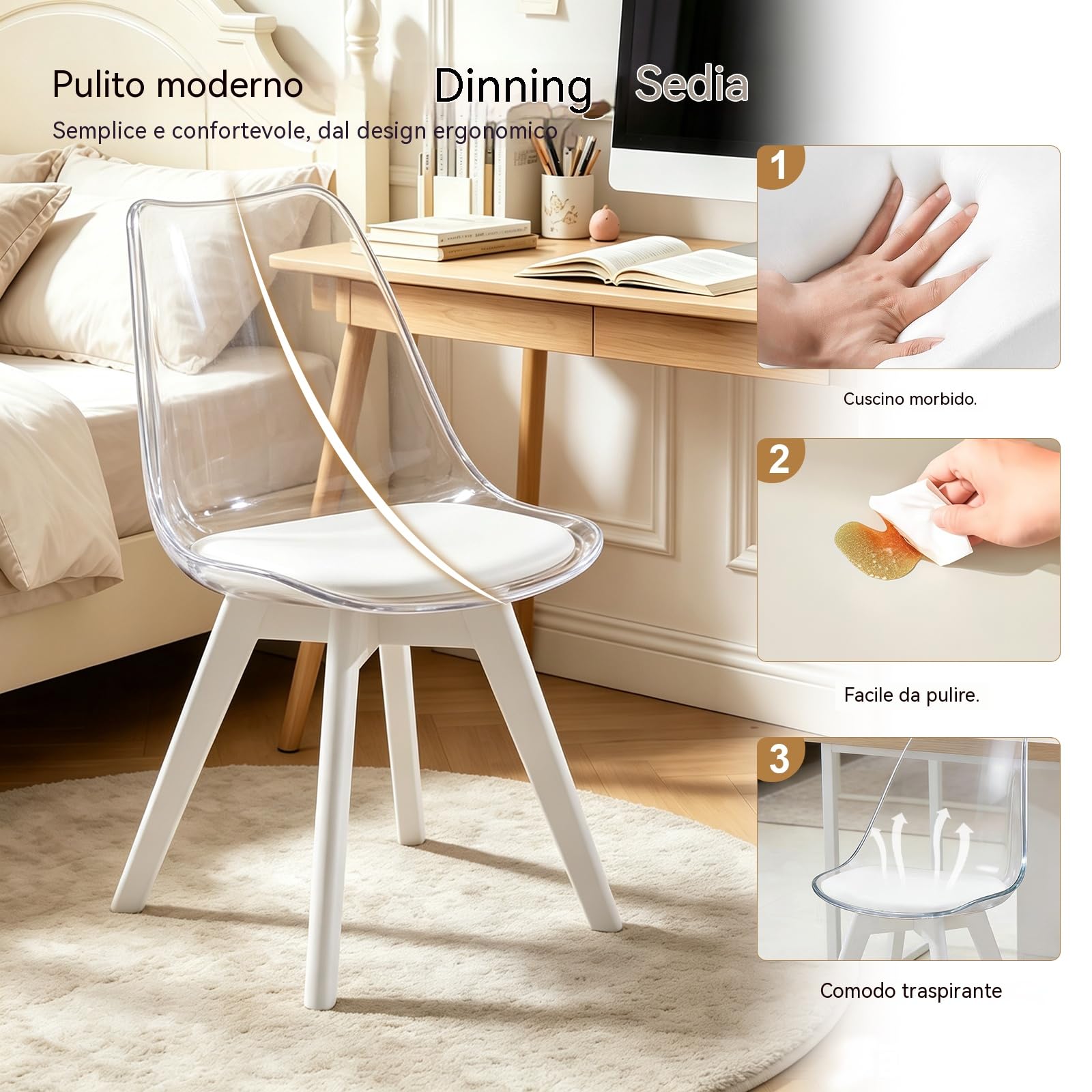 Set Da 2 Sedie Da Pranzo,Sedie Moderne Da Pranzo E Cucina Con Schienale Curvo,Sedie Decorative Imbottite(Bianco Trasparente)