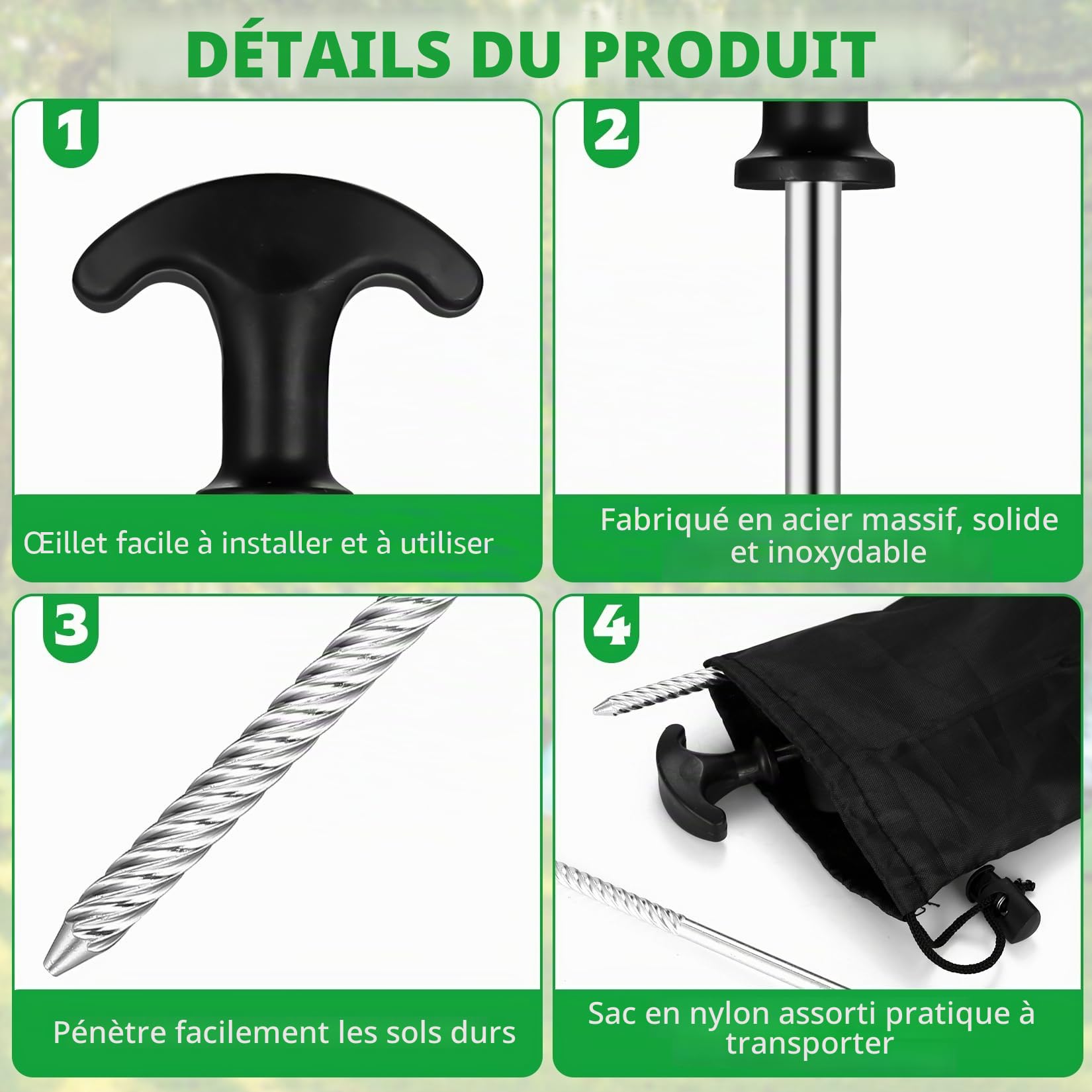 8 Piquets De Tente à Visser 21 Cm – Acier Carbone, Poignée T, Sac Inclus – Pour Tente, Bâche, Auvent, Camping, Randonnée