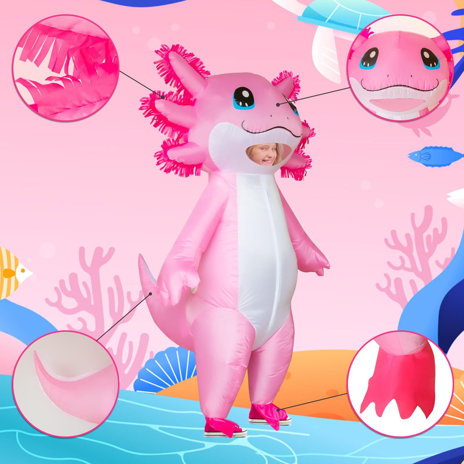 Poptrend Inflatable Axolotl Costume for Adult Kids Axolotl Halloween Costumes Men Women Blow up Costumes Funny Fancy Dress Party (Kids pink) - Image 3