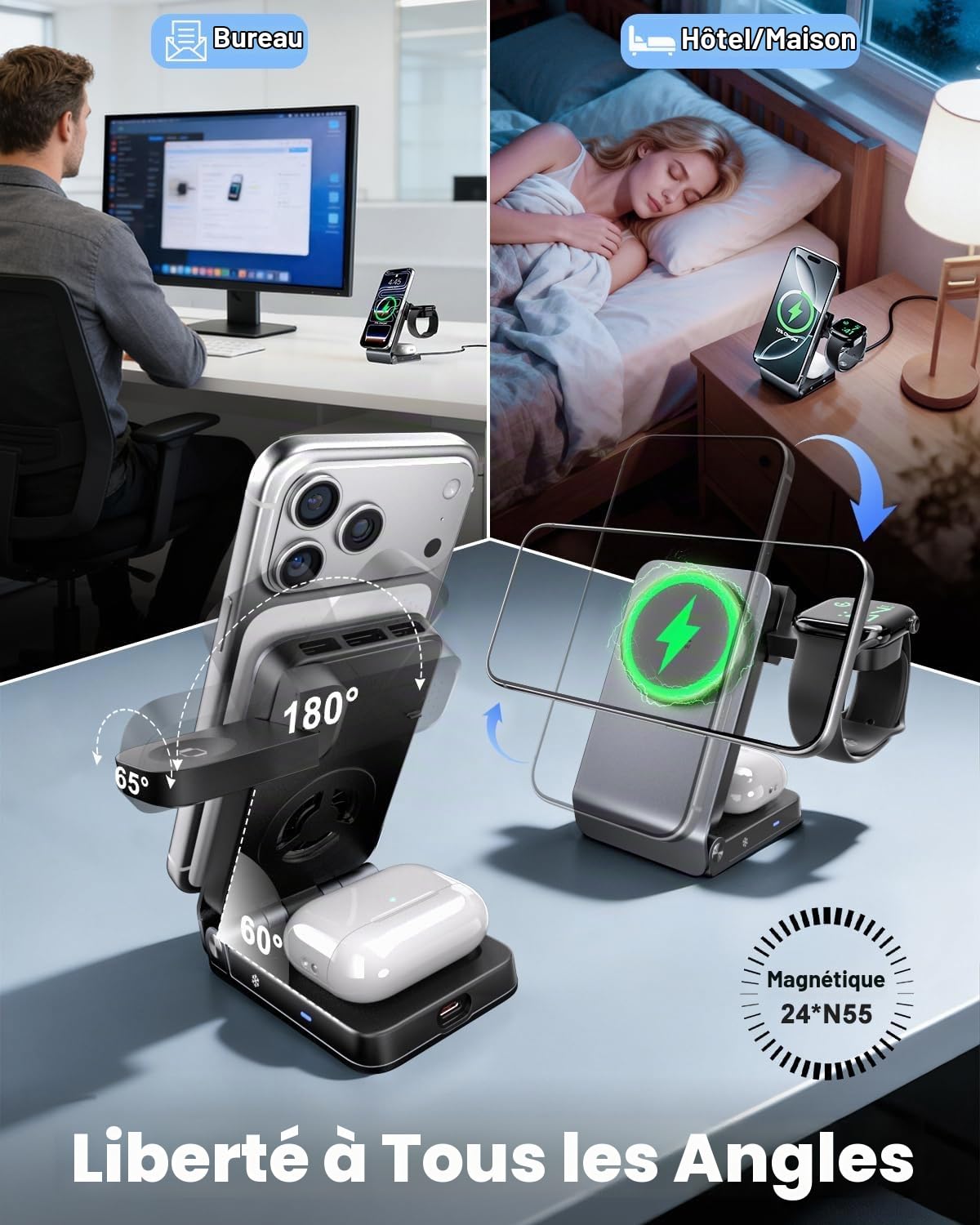 CloudValley Station de Charge magnétique sans Fil 3-en-1 Qi2.2 25W, Support Pliable avec Refroidissement Actif TEC, Compatible avec MagSafe iPhone 17/16 (iOS 26), AirPods et Apple Watch