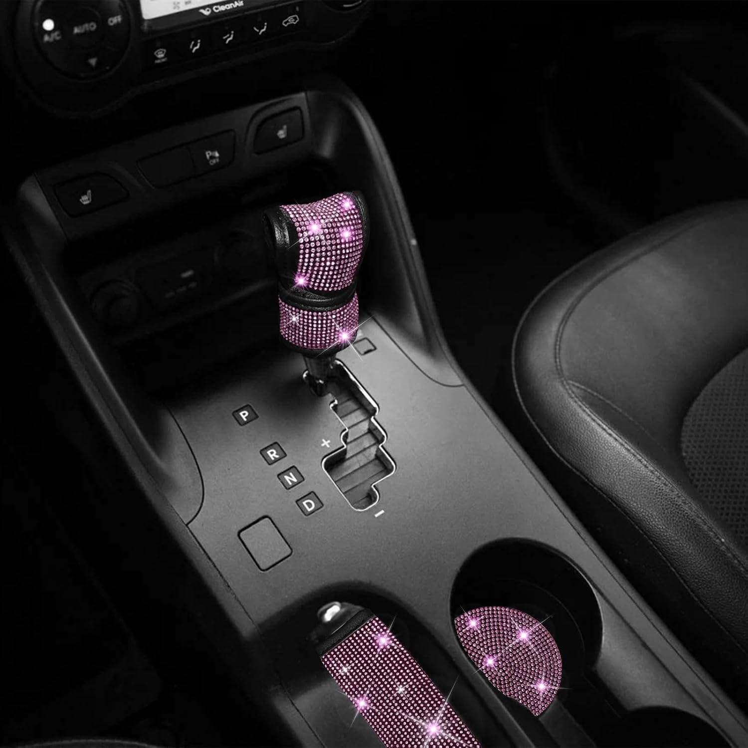 17 Pack Bling Car Seat Covers Set, Diamond Accessories Rhinestone Crystal Steering Wheel Cover, Velvet Breathable (Pink, Half Part Bling)