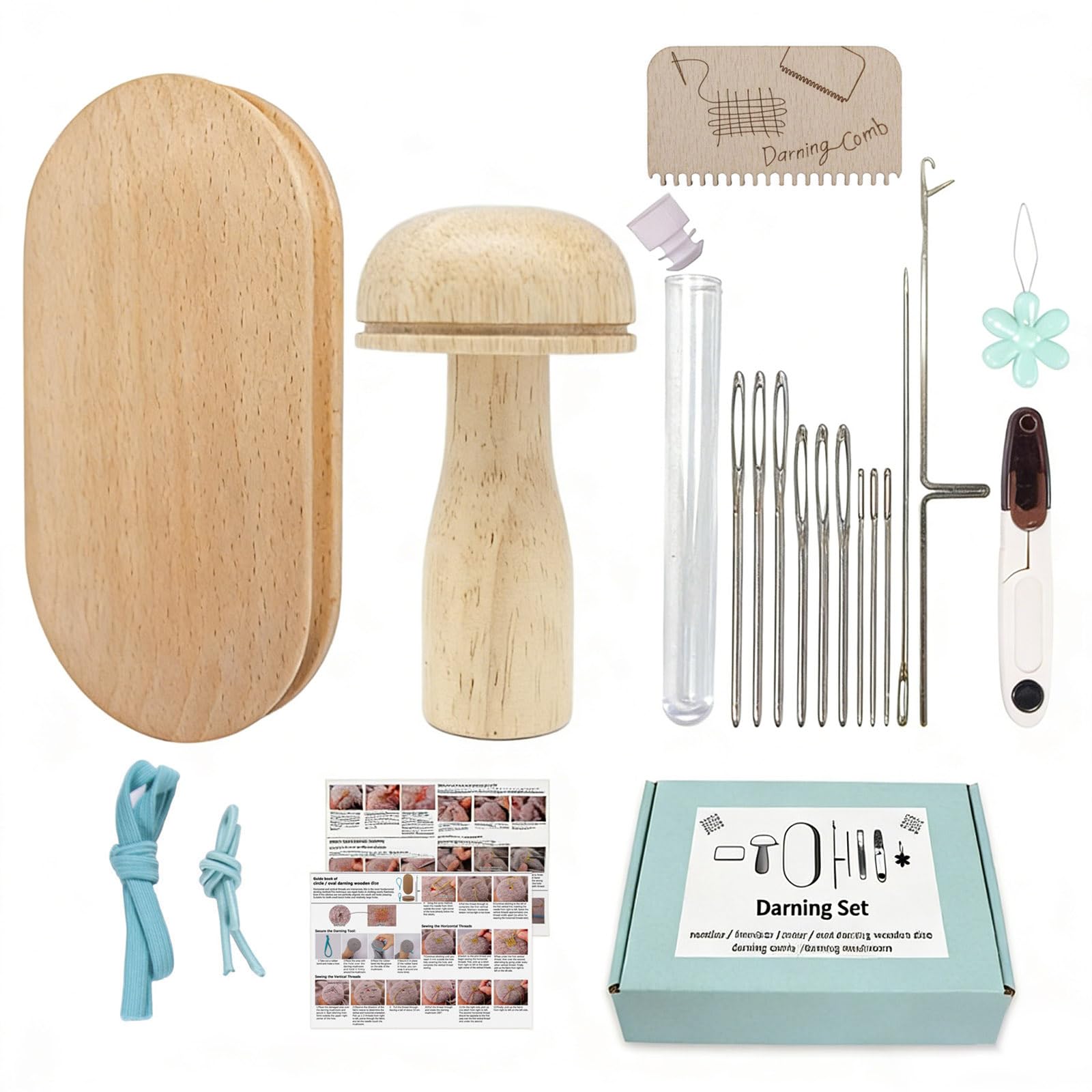 Multipurpose Mending Tool Set Elliptical Wooden Darning Tool with Large Eye Needle for Socks Sweaters Scarves Clothing Ergonomic Handle
