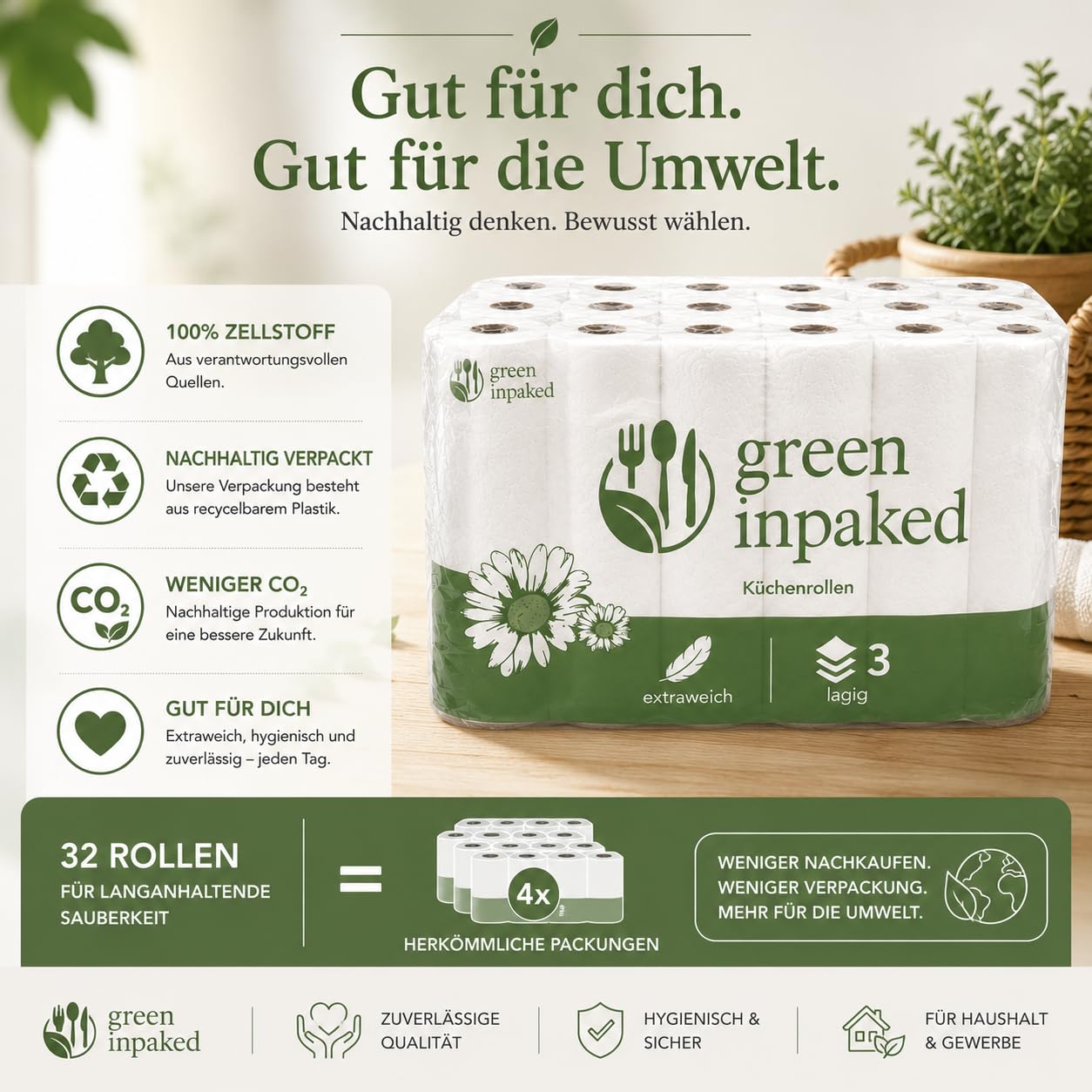 Green Inpaked Küchenrollen 32 Rollen XXL Vorratspack – 3-lagig, Extra Saugstark & Reißfest – Premium Küchenpapier für Haushalt, Gastronomie & Büro