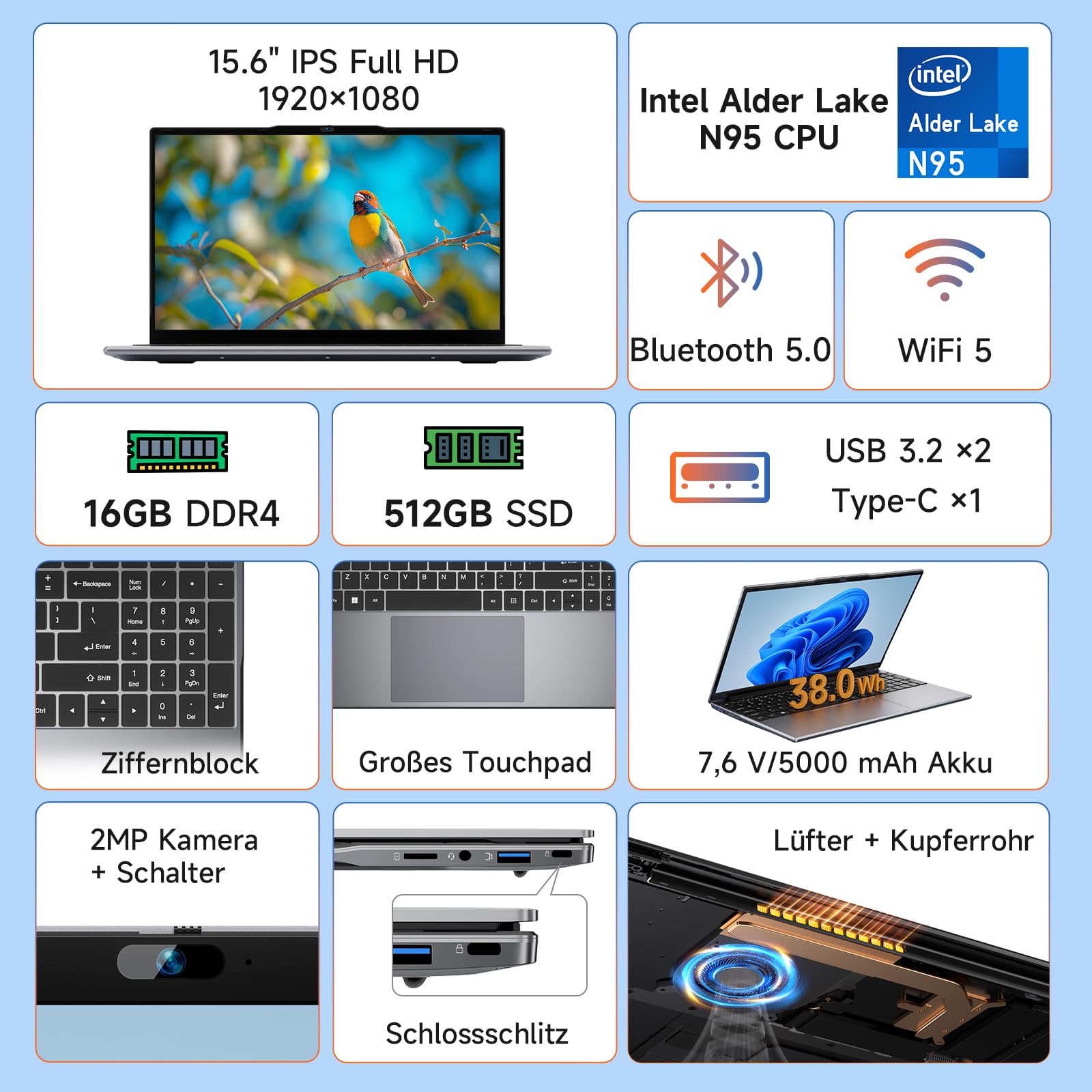 BMAX Laptop 15.6" Full HD Display Intel N95 bis zu 3.4GHz 16GB RAM 512GB SSD Win 11 Notebook Computer USB 3.2x2, WiFi, BT5.0, 180° Öffnen und Schließen, Business, Deutsche Tastaturschutzfolie
